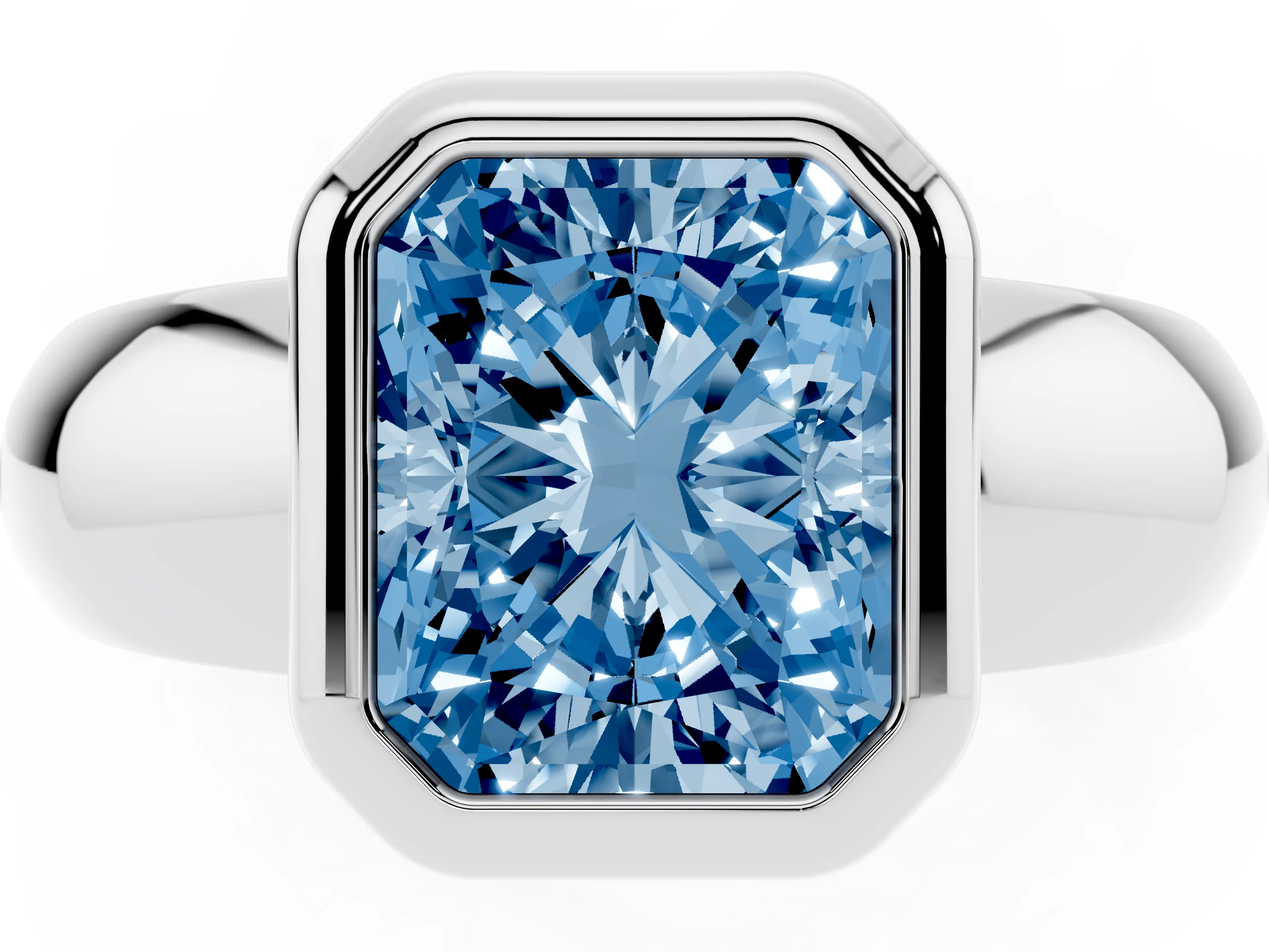 Fancy Blue Bezel Set Radiant Cut Diamond Solitaire Ring Set in Silver with Wide Band