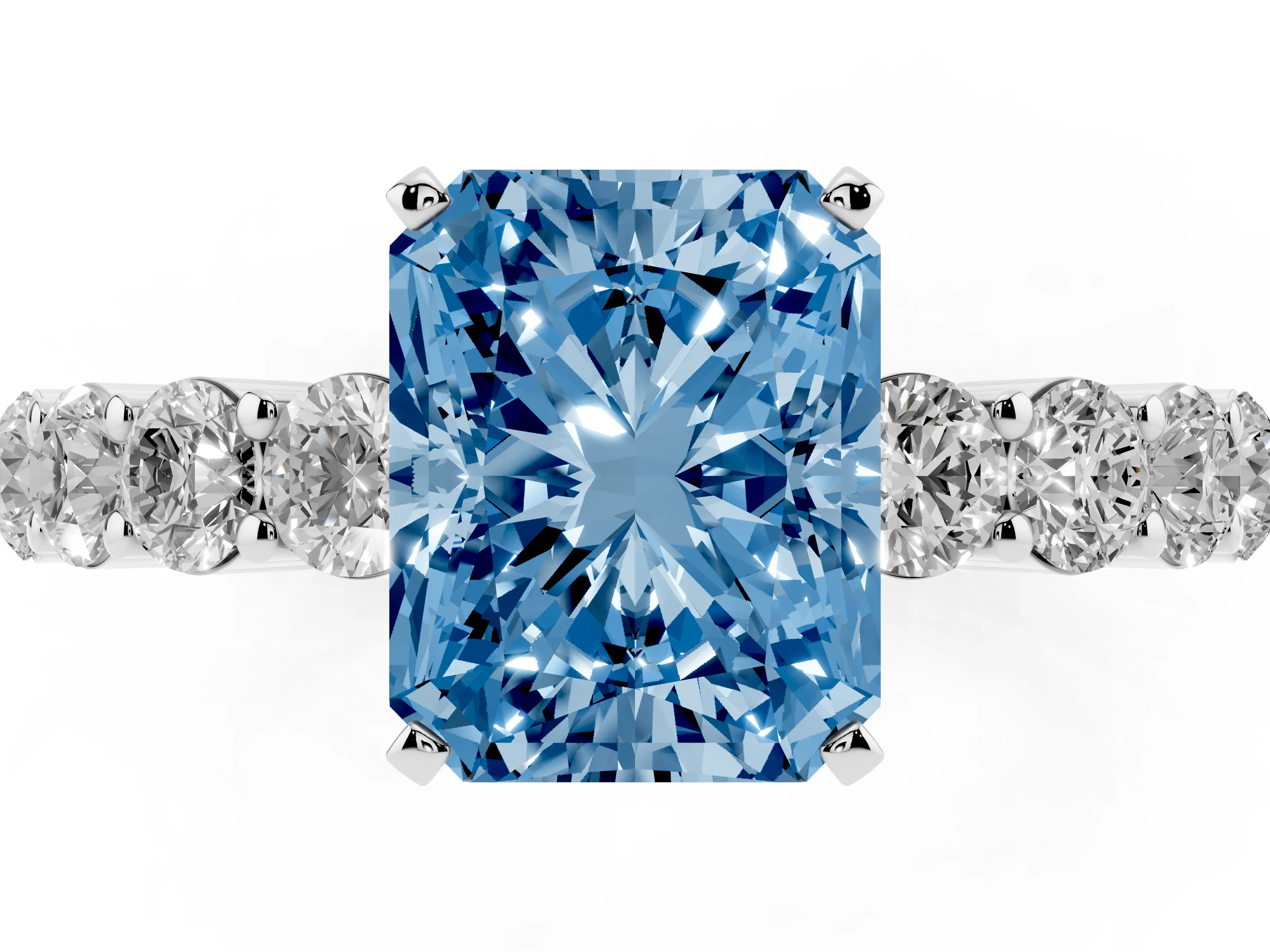 Fancy Blue Radiant Cut Diamond Solitaire Ring Set in Silver with Shared Prong Round Side Stones