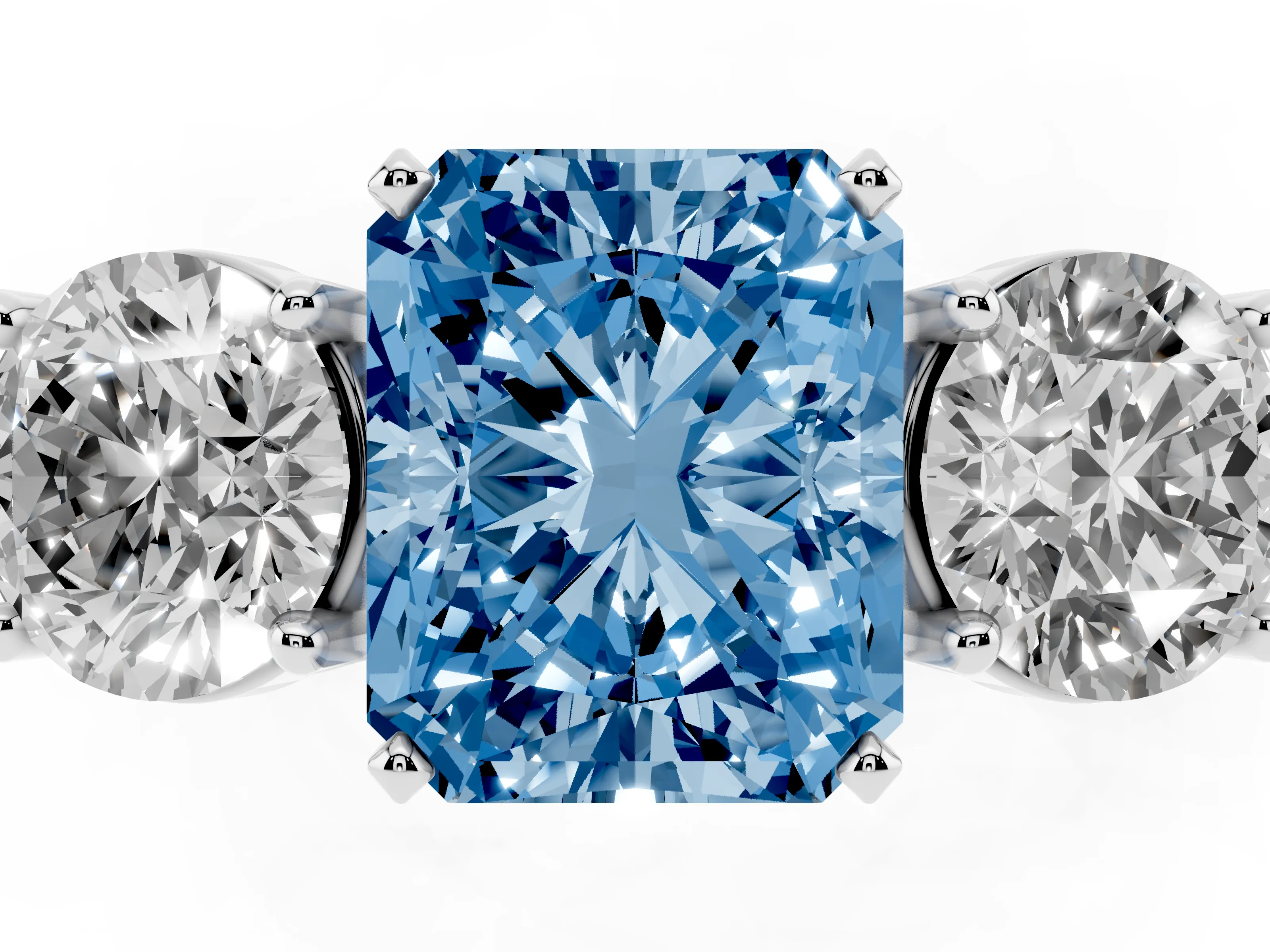Fancy Blue Radiant Cut Diamond Three-Stone Ring Set in White gold with Round Side Stones and Classic Band