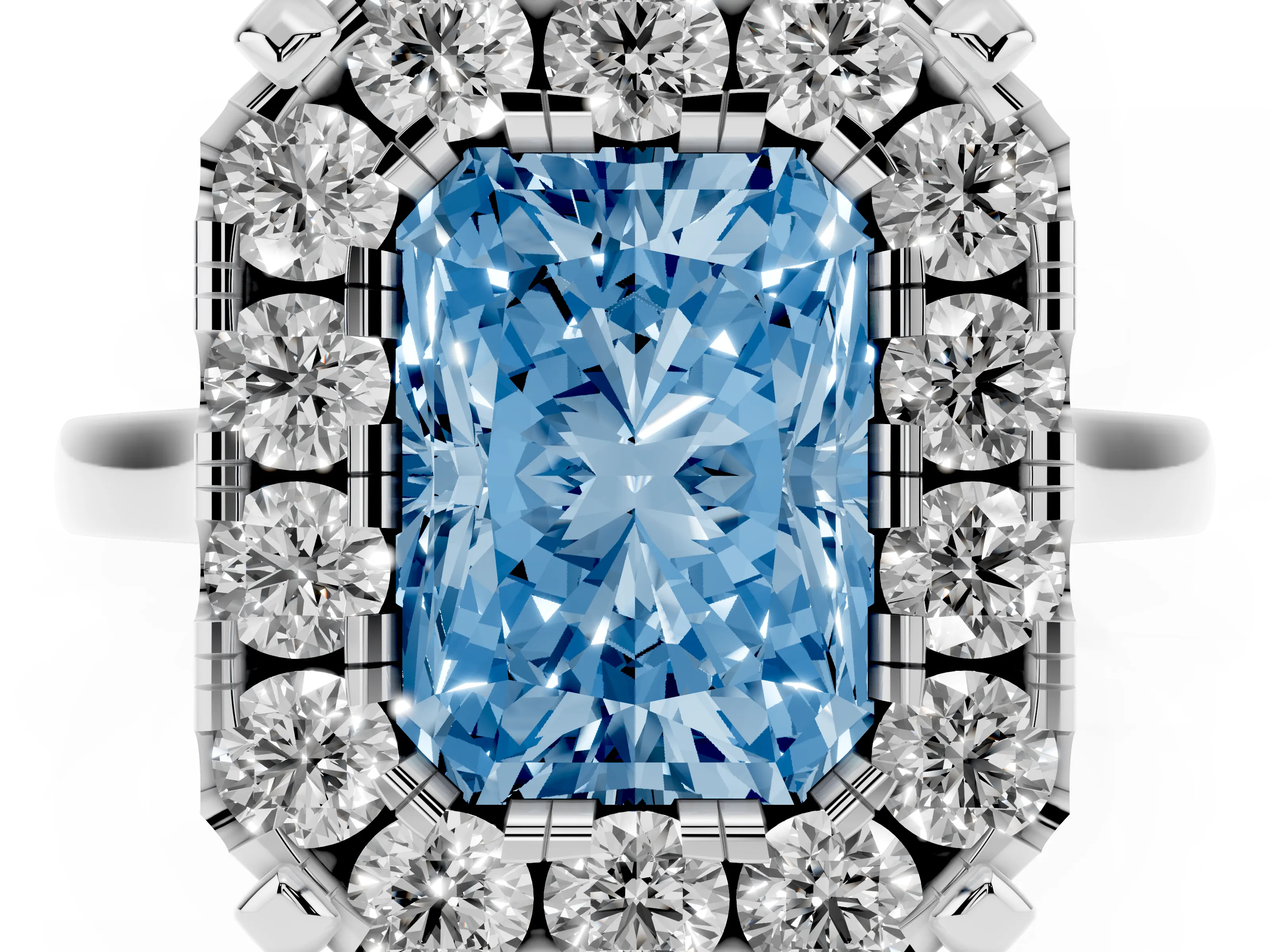 Fancy Blue Radiant Cut Diamond Cluster Halo Solitaire Ring Set in White gold with Prong Setting