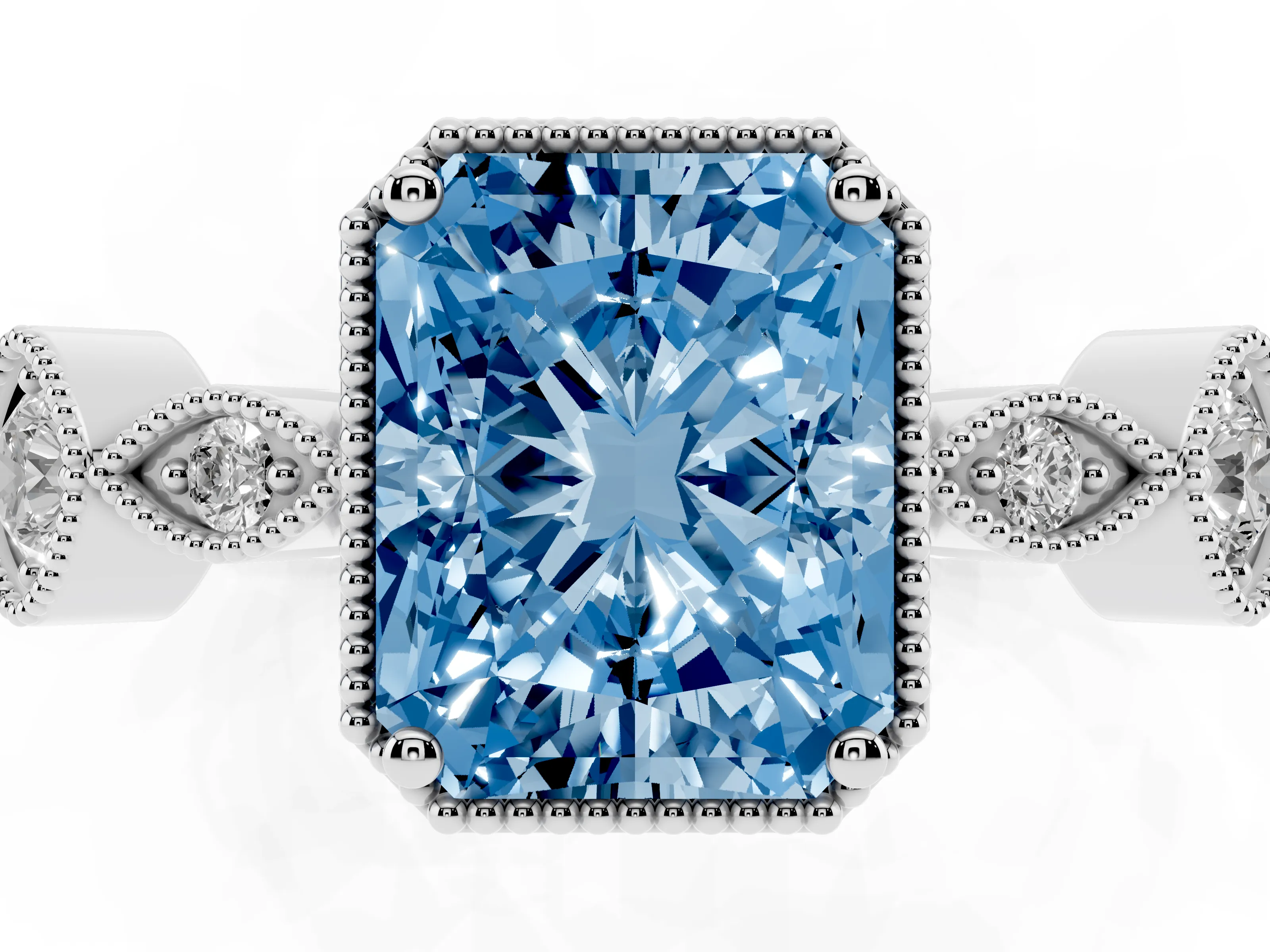 Fancy Blue Radiant Cut Diamond Vintage-Inspired Milgrain Ring Set in Platinum with Marquise Stations of Round Accents