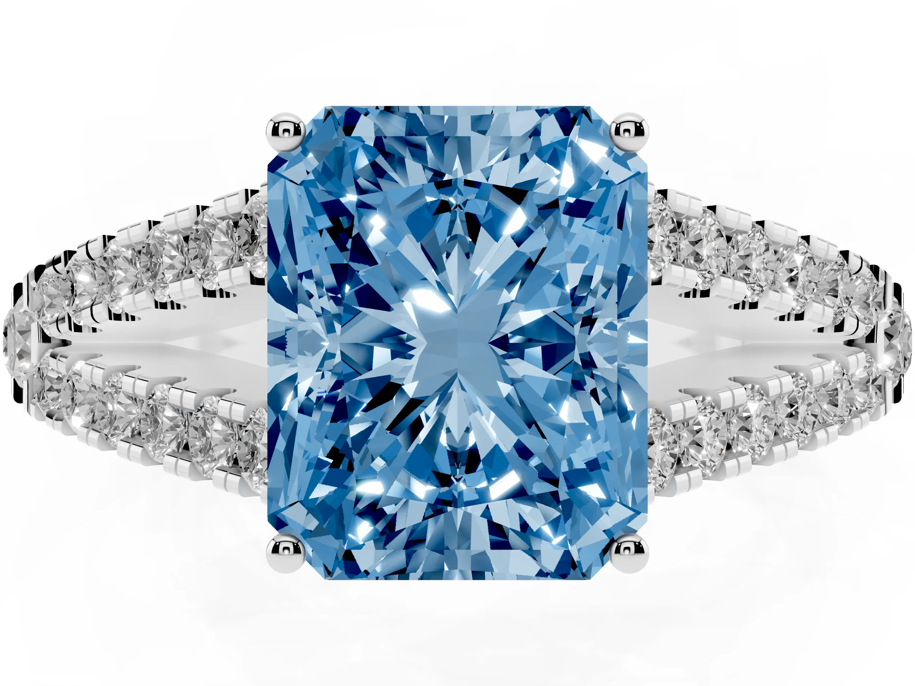 Fancy Blue Radiant Cut Diamond Split Shank Pavé Engagement Ring Set in Platinum with Prong-Held Center Stone