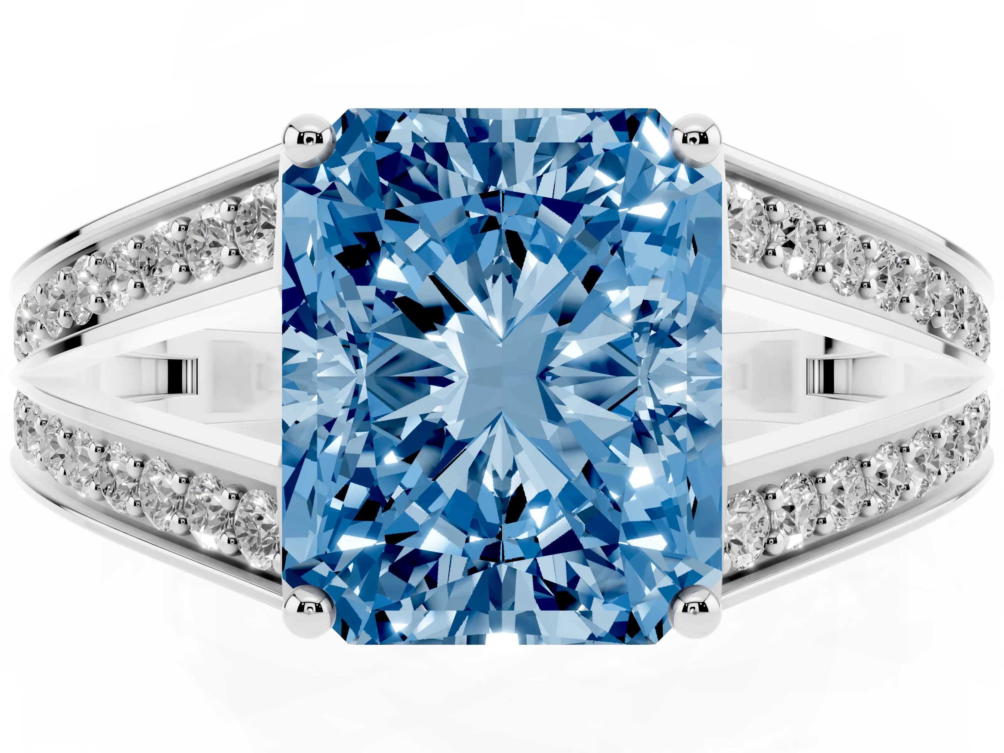 Fancy Blue Radiant Cut Diamond Split Shank Ring Set in Silver with Pavé Band and Prong Setting