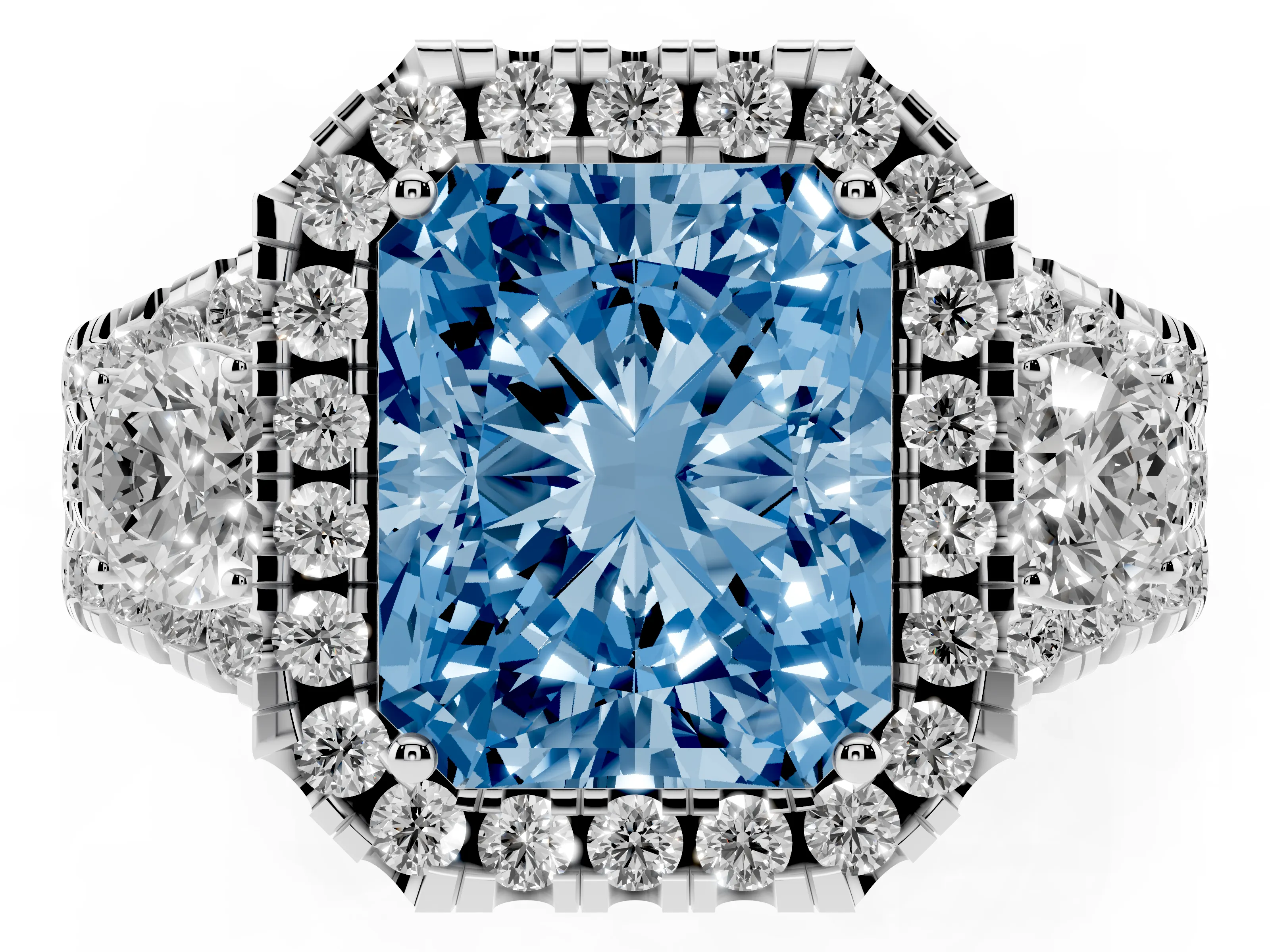 Fancy Blue Radiant Cut Diamond Halo Split Shank Ring Set in Platinum with Round Accent Stones and Prong Setting