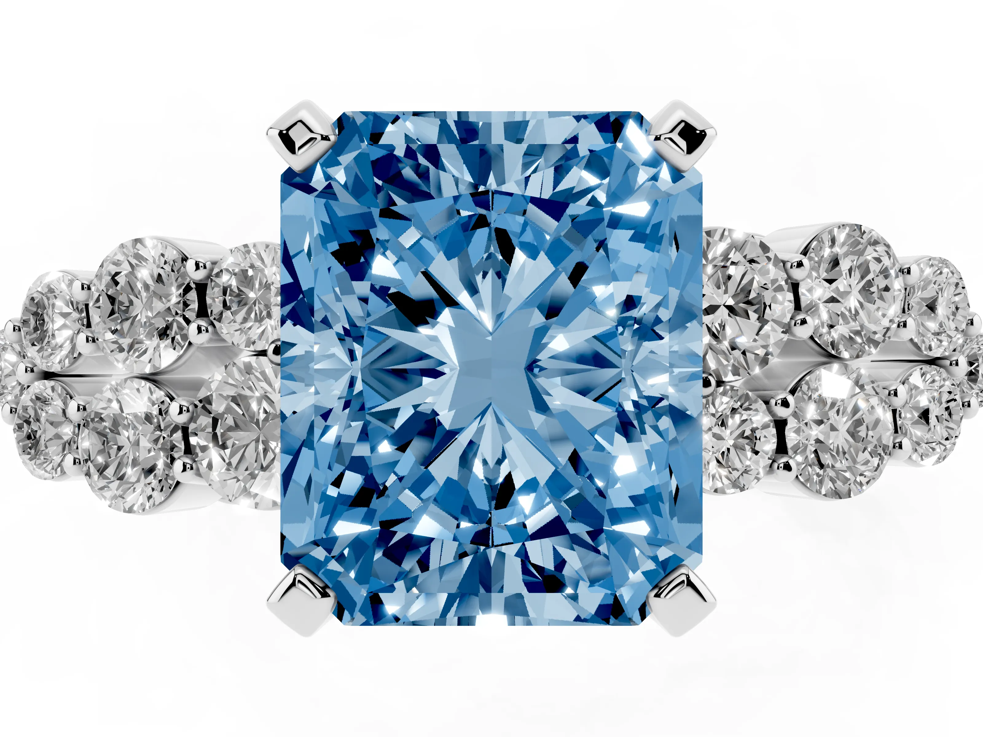 Fancy Blue Radiant Cut Diamond Cluster Engagement Ring Set in Silver with Pavé Band and Prong Setting