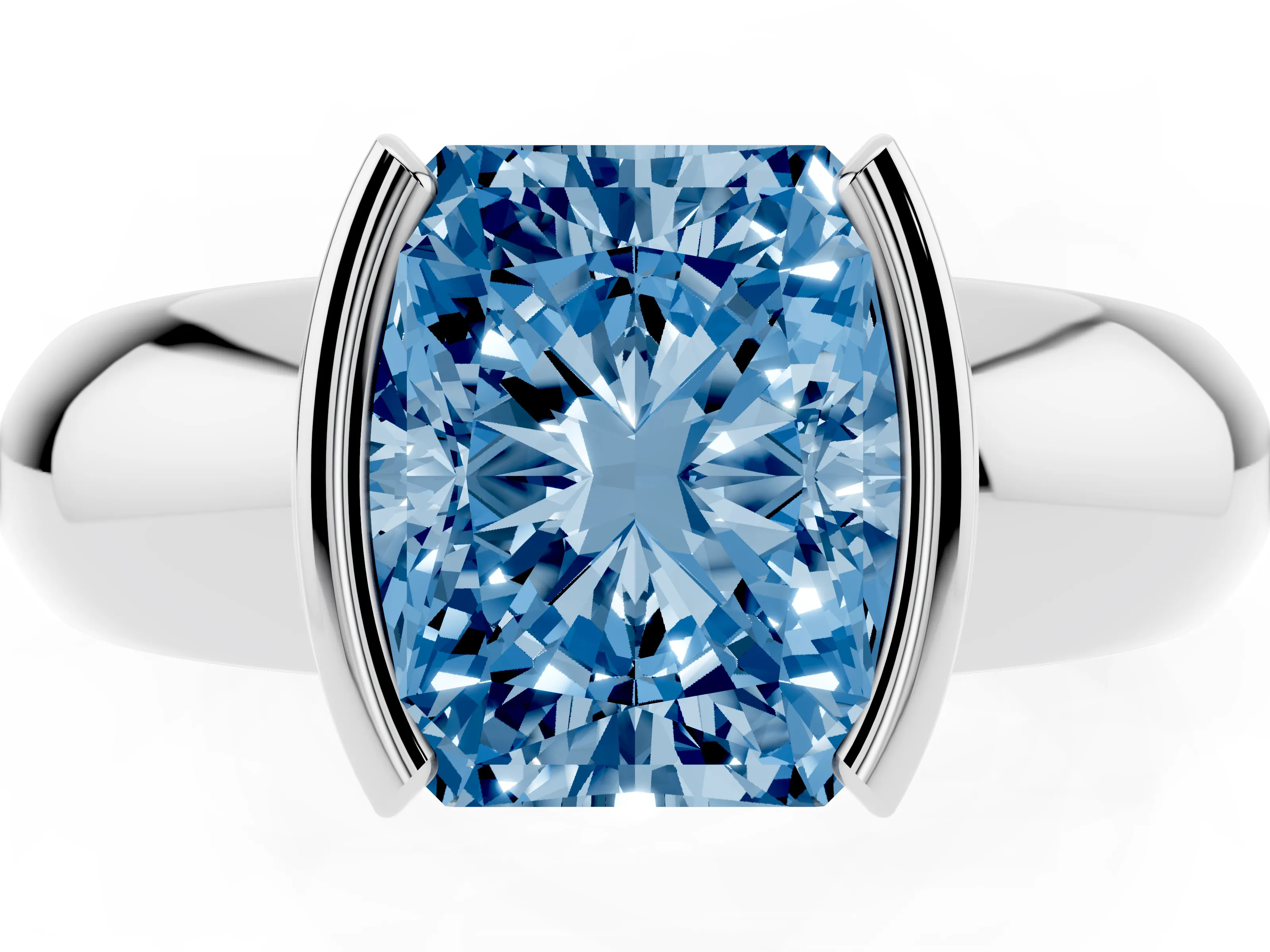 Fancy Blue Radiant Cut Diamond Solitaire Tension Set Ring Set in White gold with Wide Band