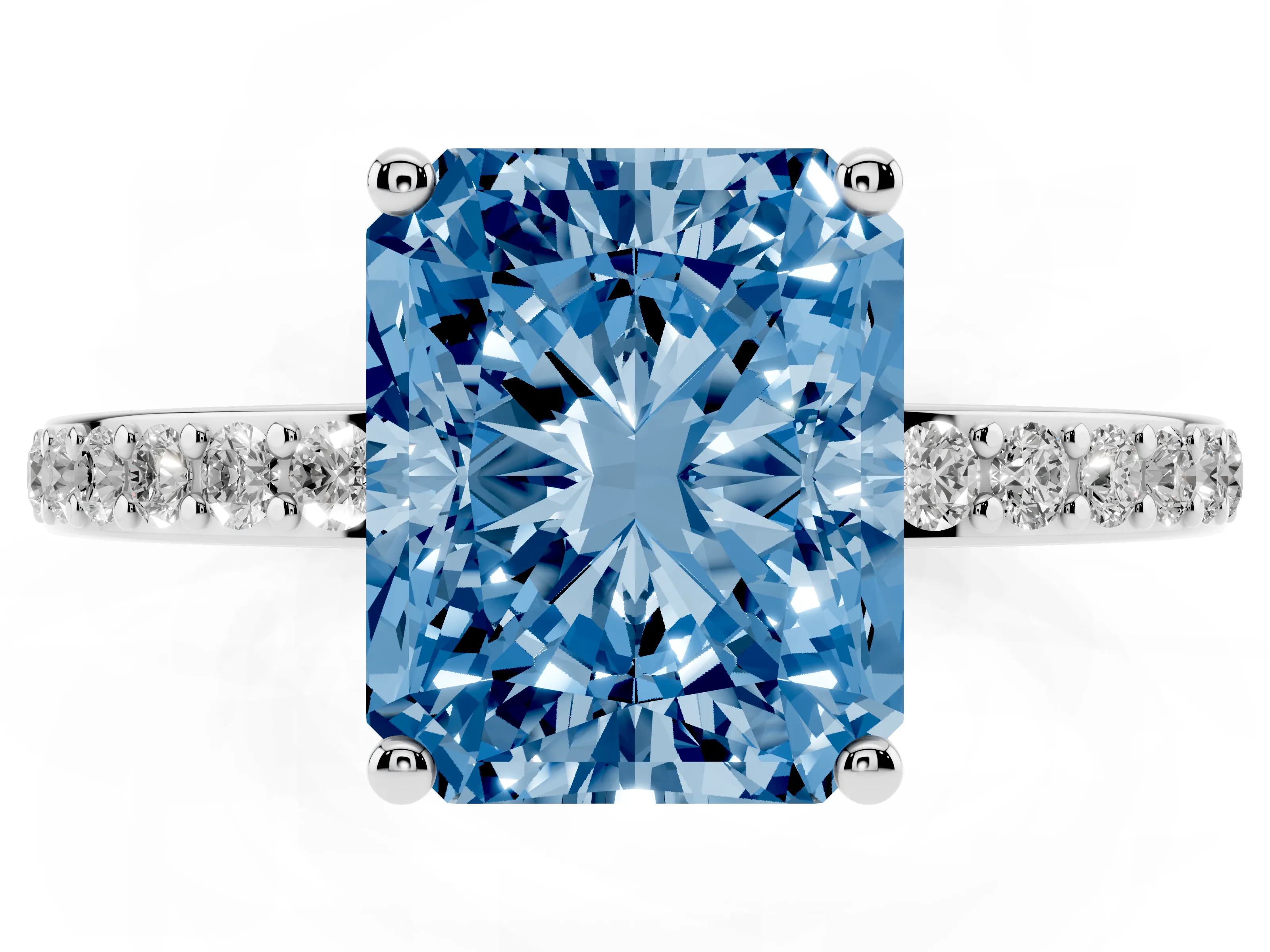 Fancy Blue Radiant Cut Diamond Pavé Band Ring Set in Silver with Prong-Set Center Stone