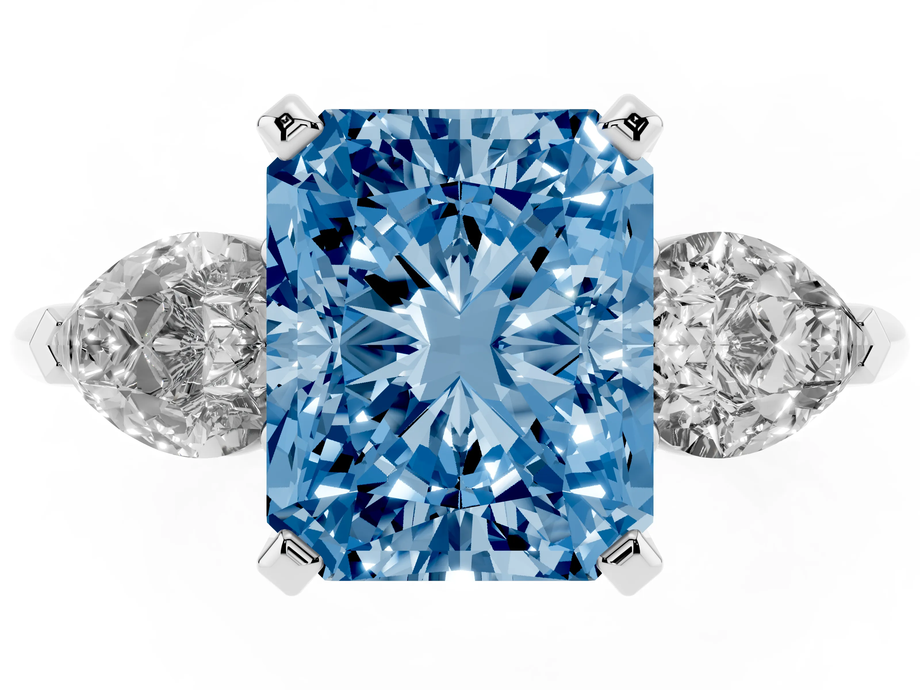 Fancy Blue Three-Stone Radiant Cut Diamond Ring Set in Platinum with Pear Side Stones and Prong Setting