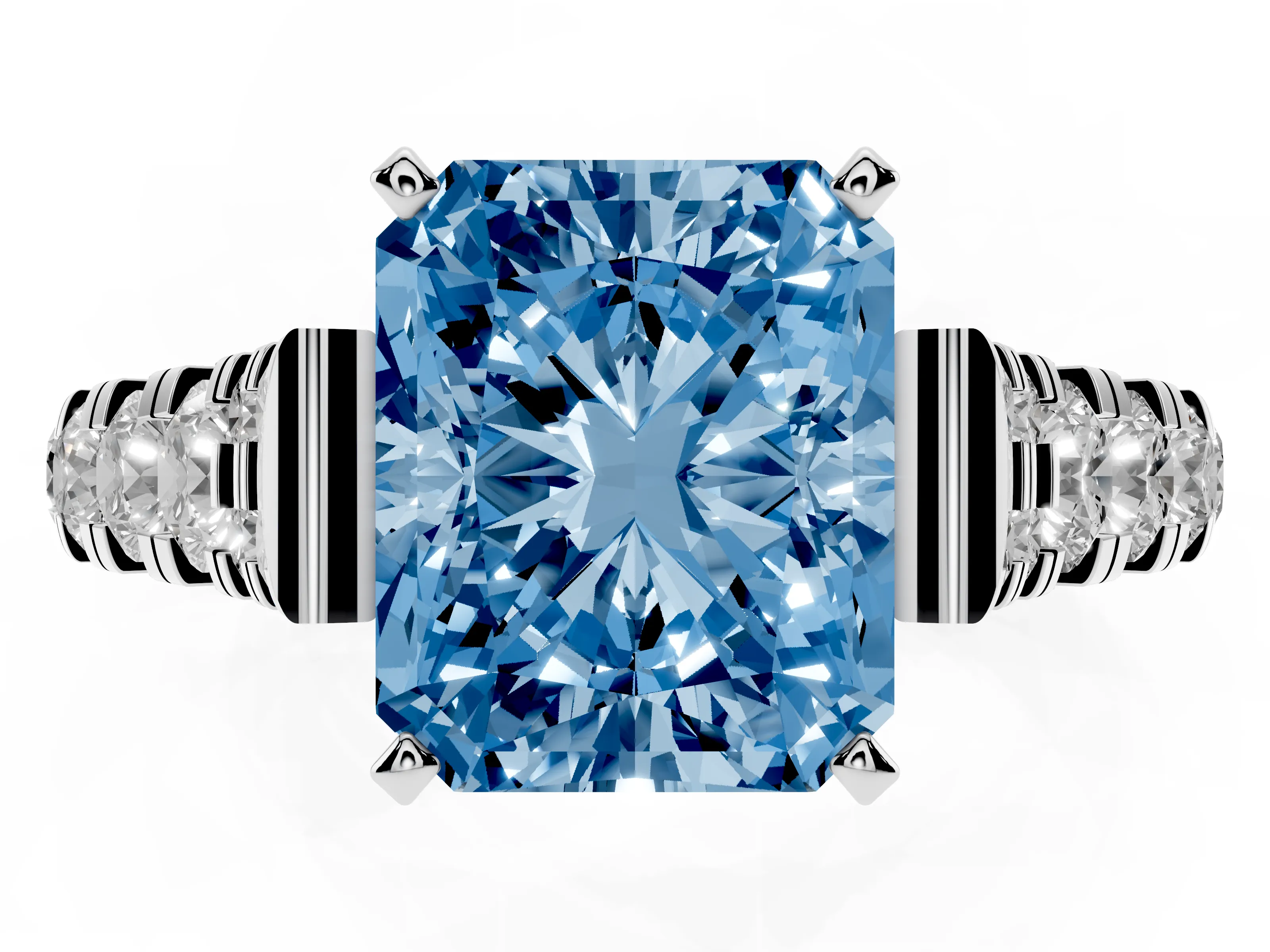 Fancy Blue Radiant Cut Diamond Classic Solitaire Ring Set in White gold with Pavé Band and Prong Setting