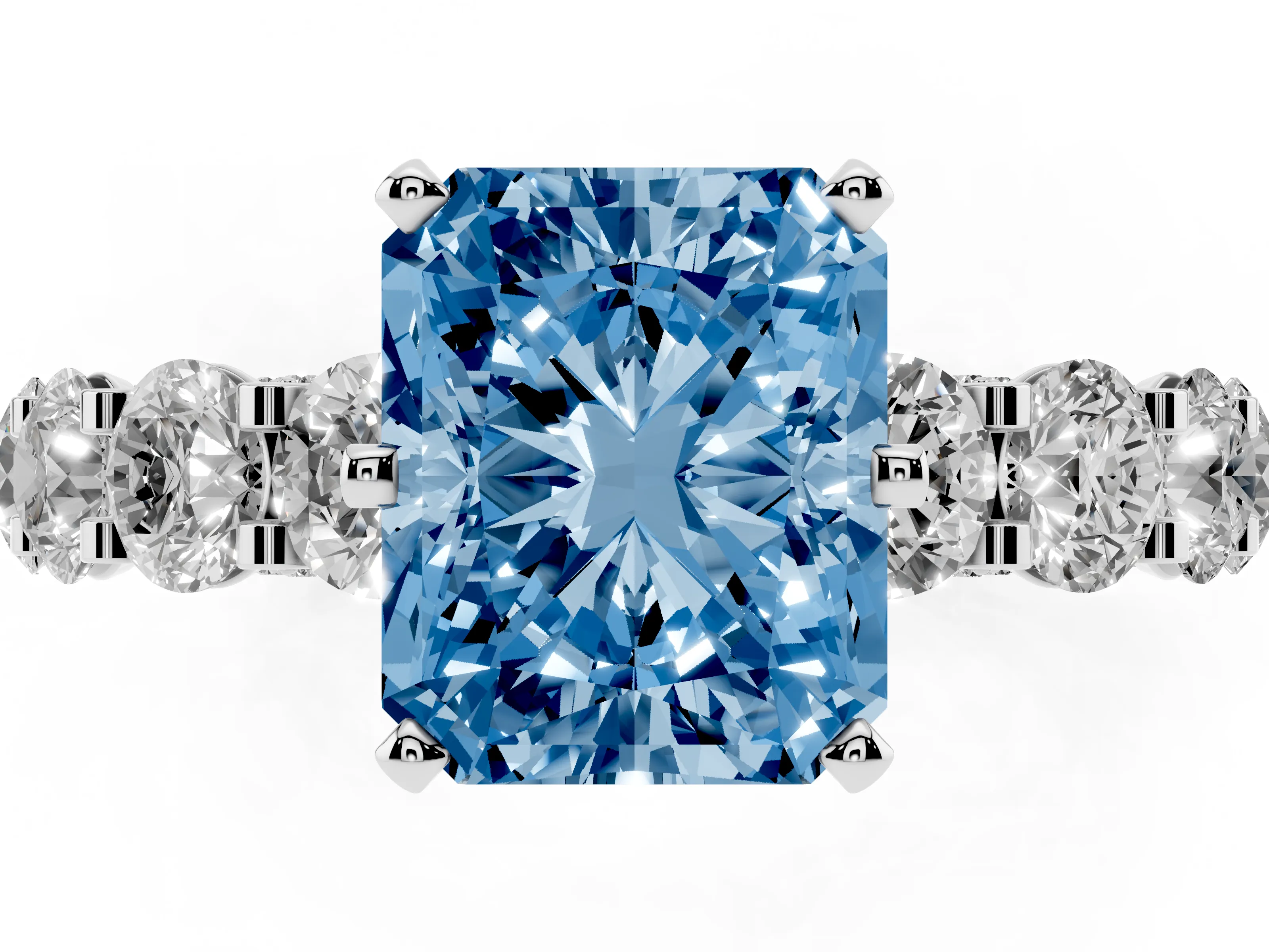 Fancy Blue Radiant Cut Diamond Side Stone Ring Set in Platinum with Alternating Round and Oval Side Stones