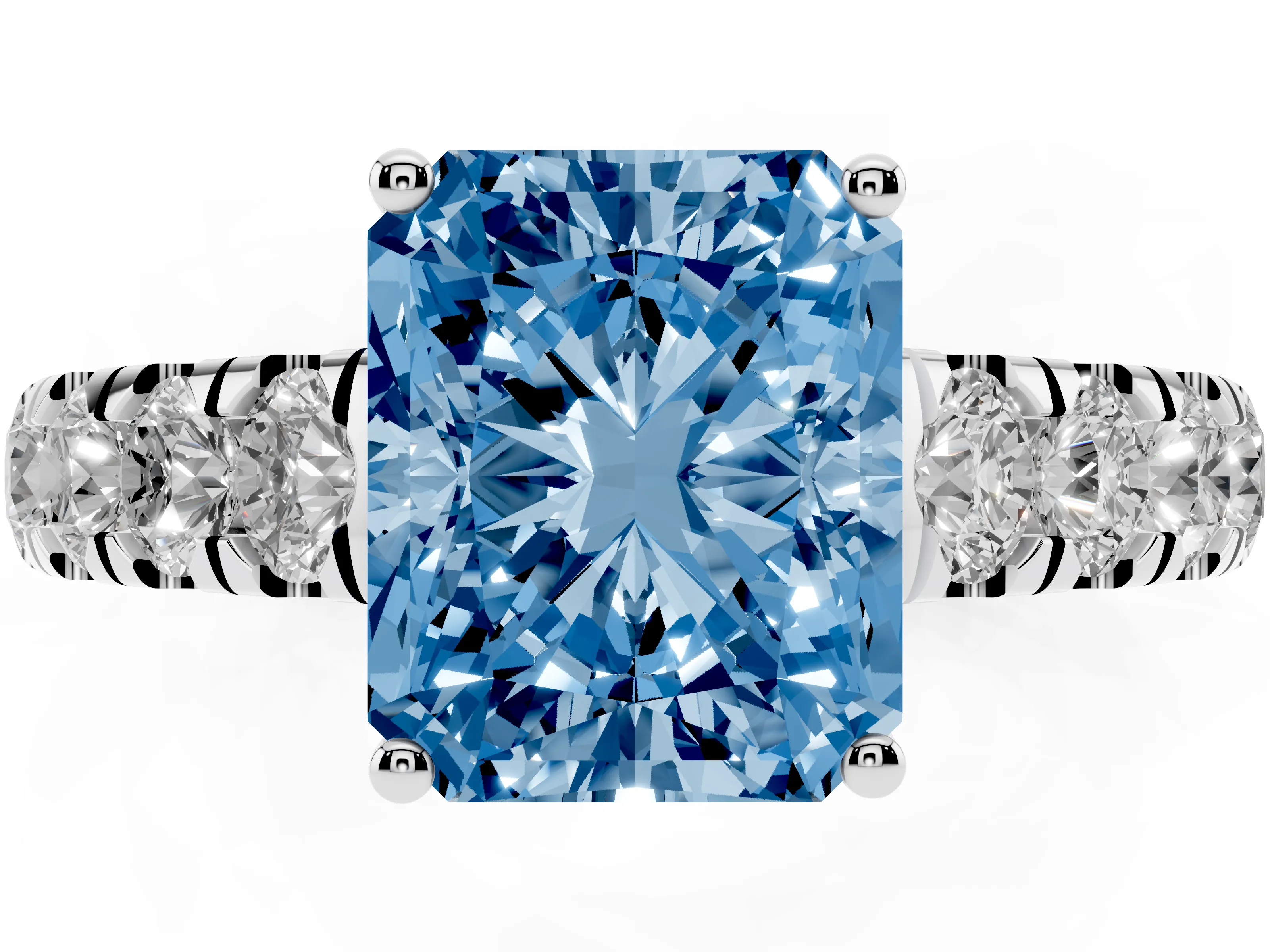 Fancy Blue Radiant Cut Diamond Solitaire Ring Set in Platinum with Cut-Down Micro Pavé Band and Prong Setting