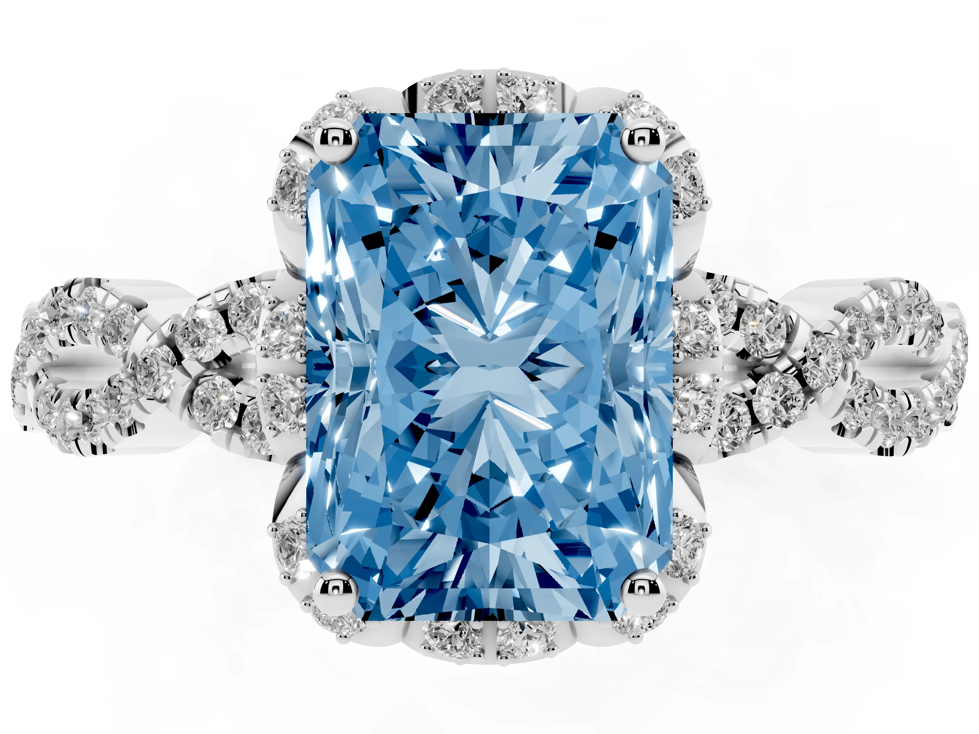 Fancy Blue Radiant Cut Diamond Halo Twist Band Solitaire Ring Set in Platinum with Prong-Set Center Stone