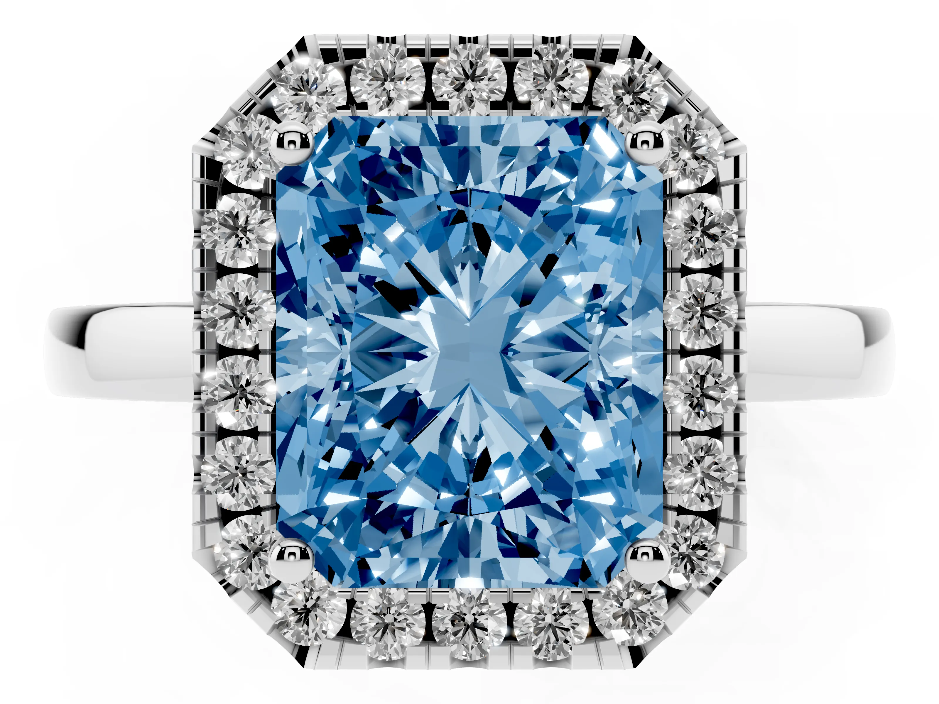 Fancy Blue Radiant Cut Diamond Halo Solitaire Ring Set in Silver with Pavé Band and Prong Setting
