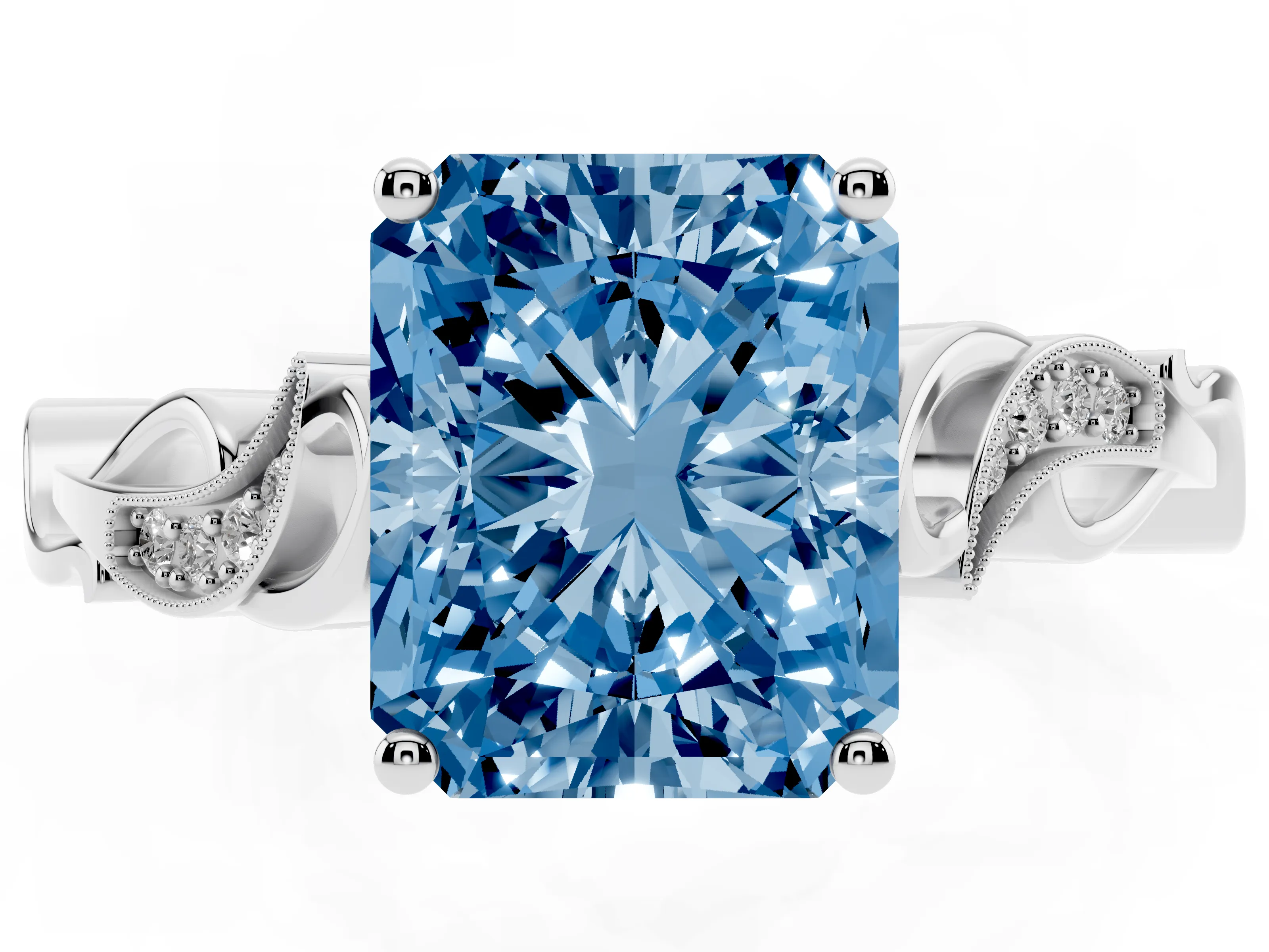 Fancy Blue Radiant Cut Diamond Vine Band Solitaire Ring Set in Platinum with Milgrain Prong Setting