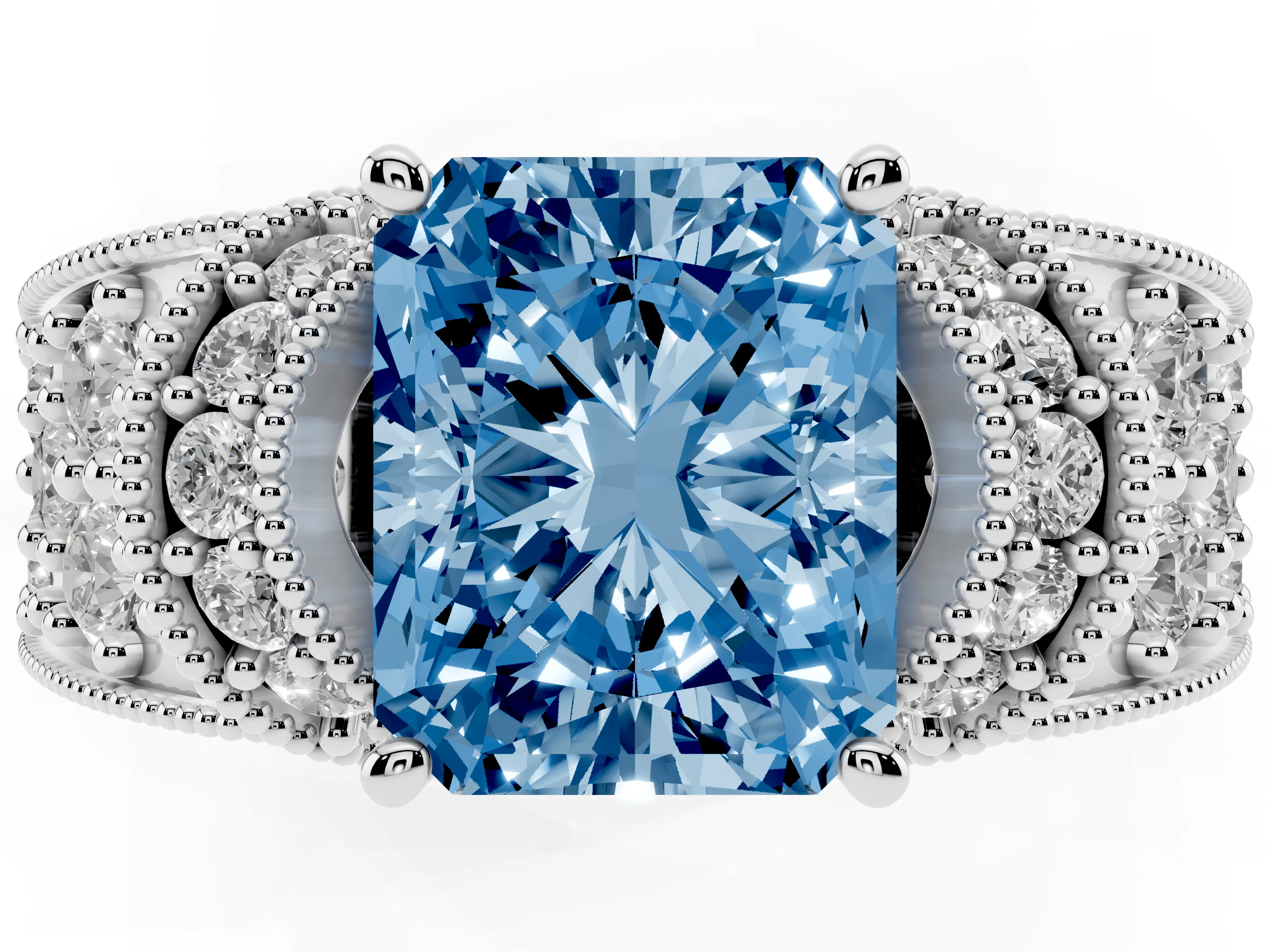 Fancy Blue Radiant Cut Diamond Milgrain Halo Pavé Engagement Ring Set in Platinum with Prong Setting