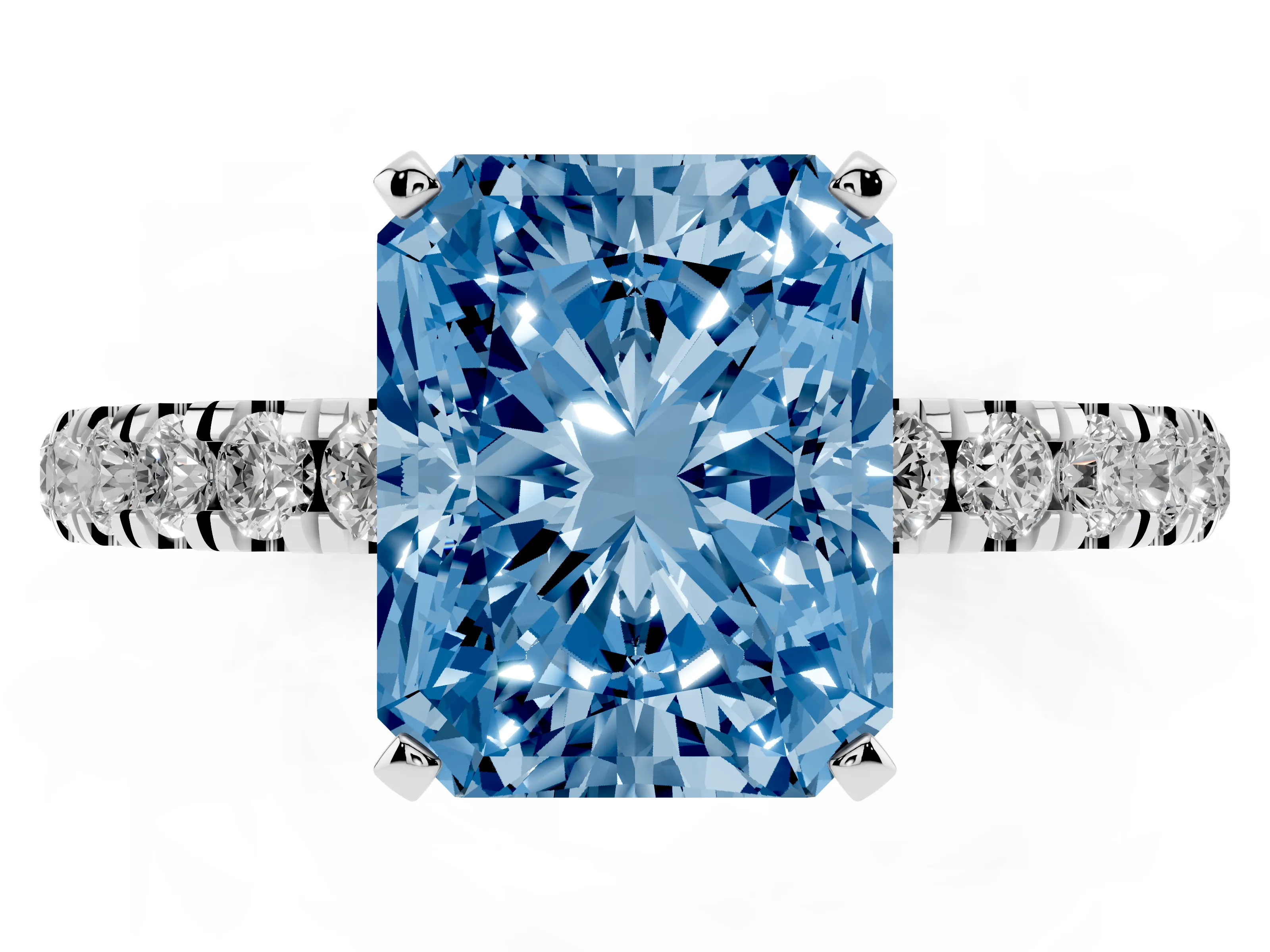 Fancy Blue Radiant Cut Diamond Solitaire Ring Set in Silver with Pavé Accents and Prong Setting