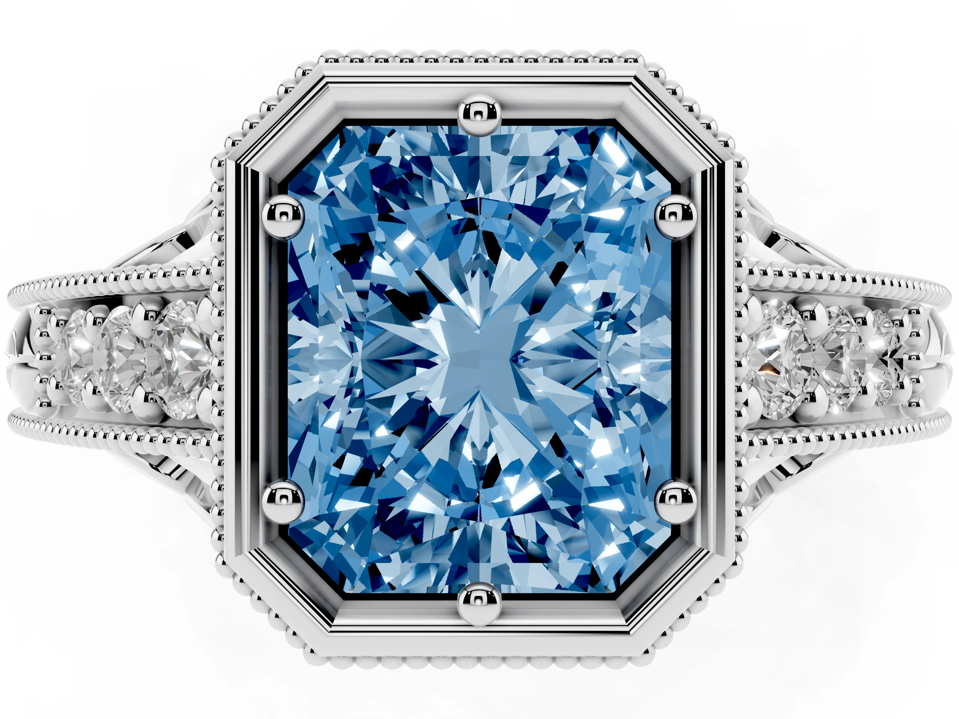 Fancy Blue Bezel Set Radiant Cut Diamond Milgrain Pavé Engagement Ring Set in Platinum