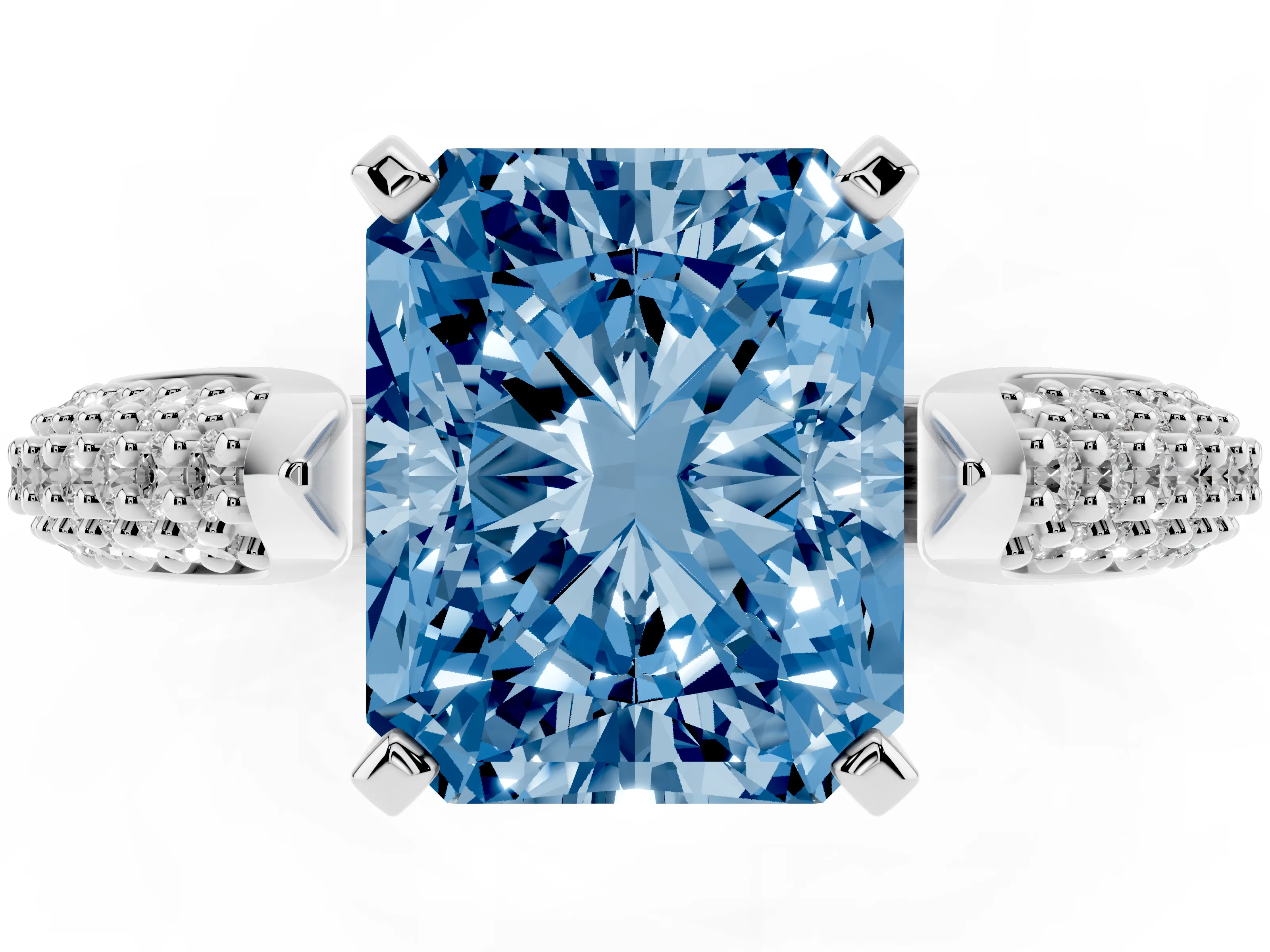 Fancy Blue Radiant Cut Diamond Solitaire Engagement Ring Set in White gold with Multi-Row Round Pavé Band and Prong Setting