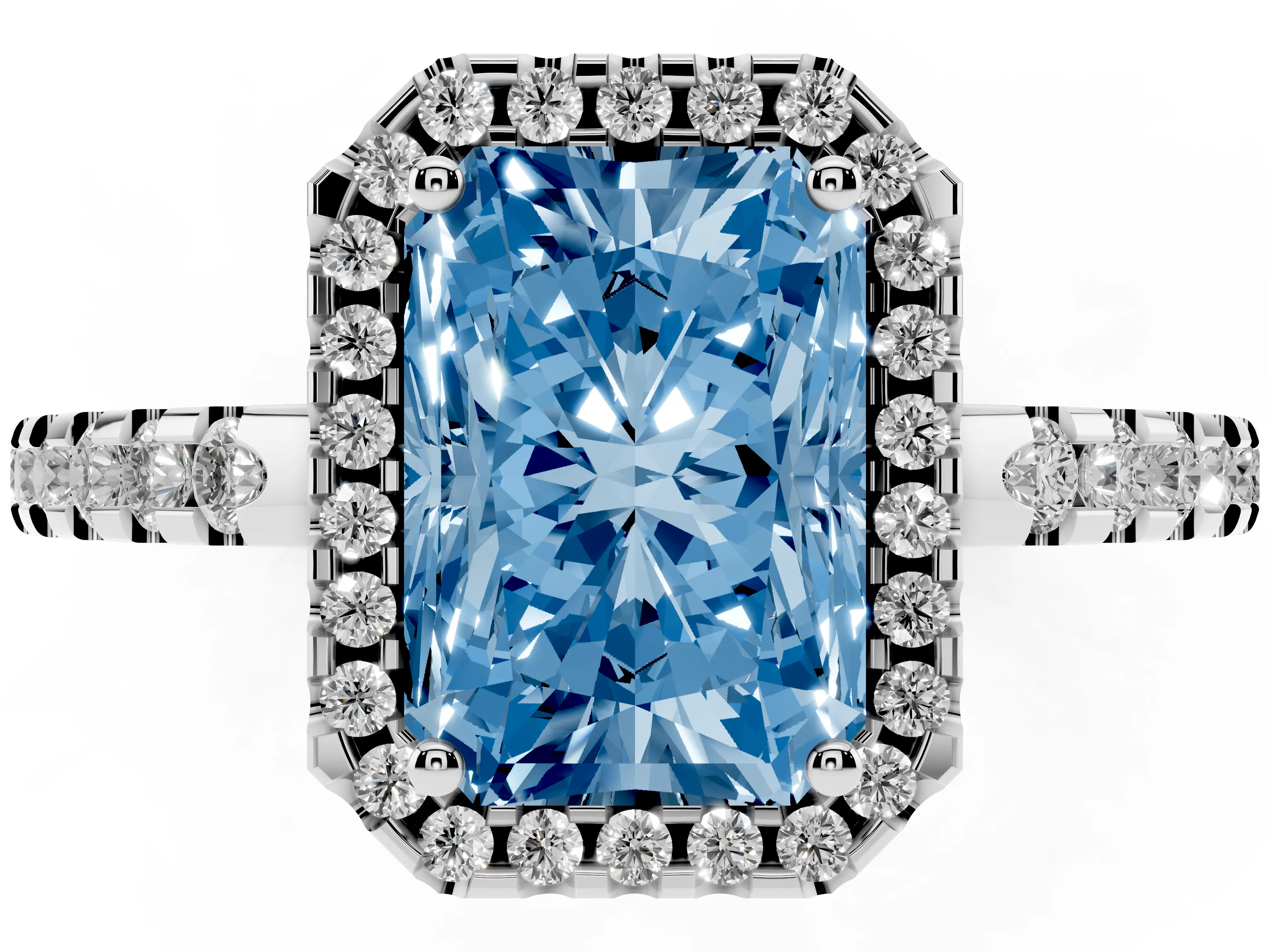Fancy Blue Radiant Cut Diamond Halo Ring Set in Platinum with Pavé Shoulders and Halo-Framed Center
