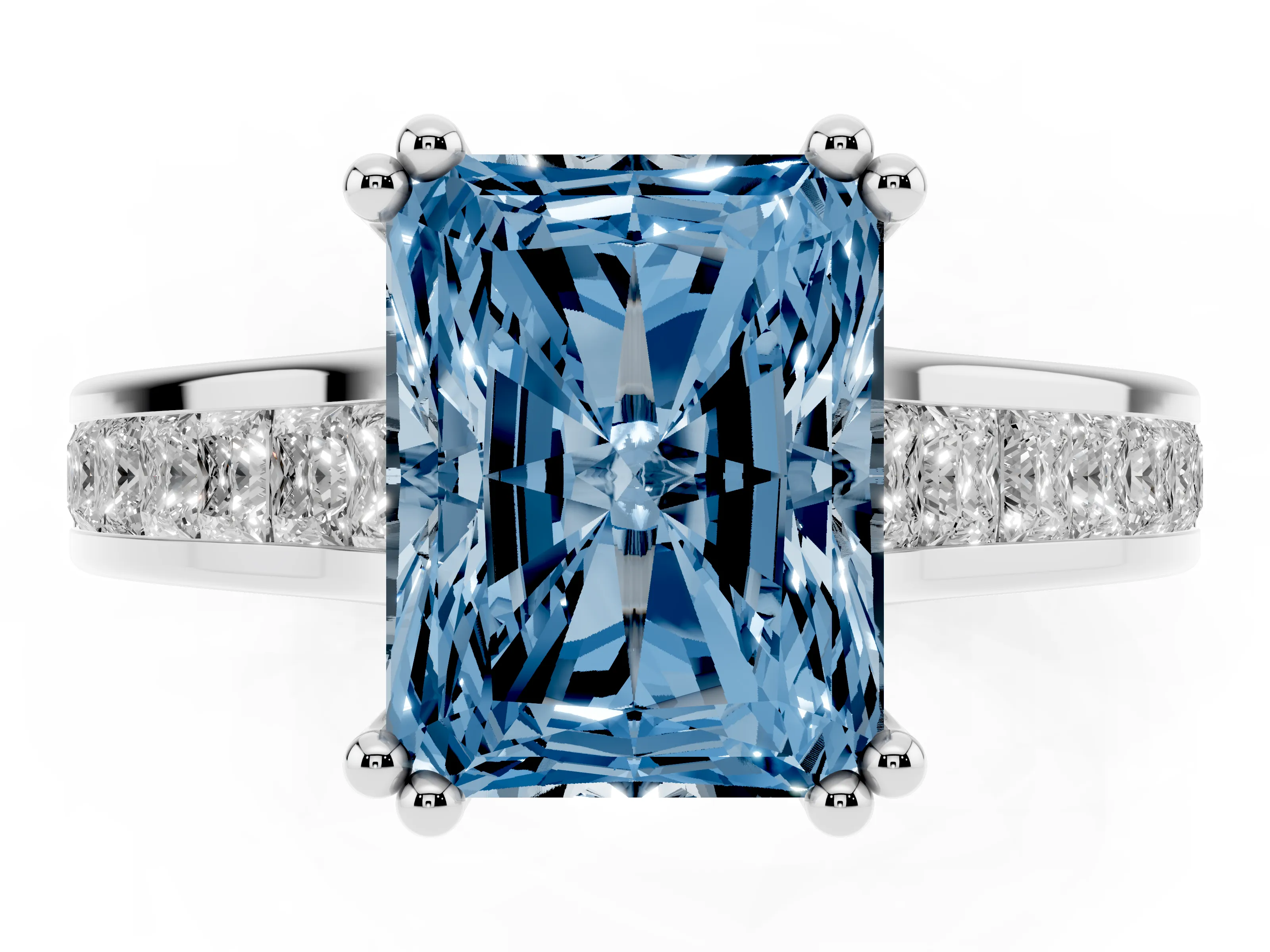 Fancy Blue Radiant Cut Diamond Channel Set Solitaire Engagement Ring Set in Silver with Prong Setting