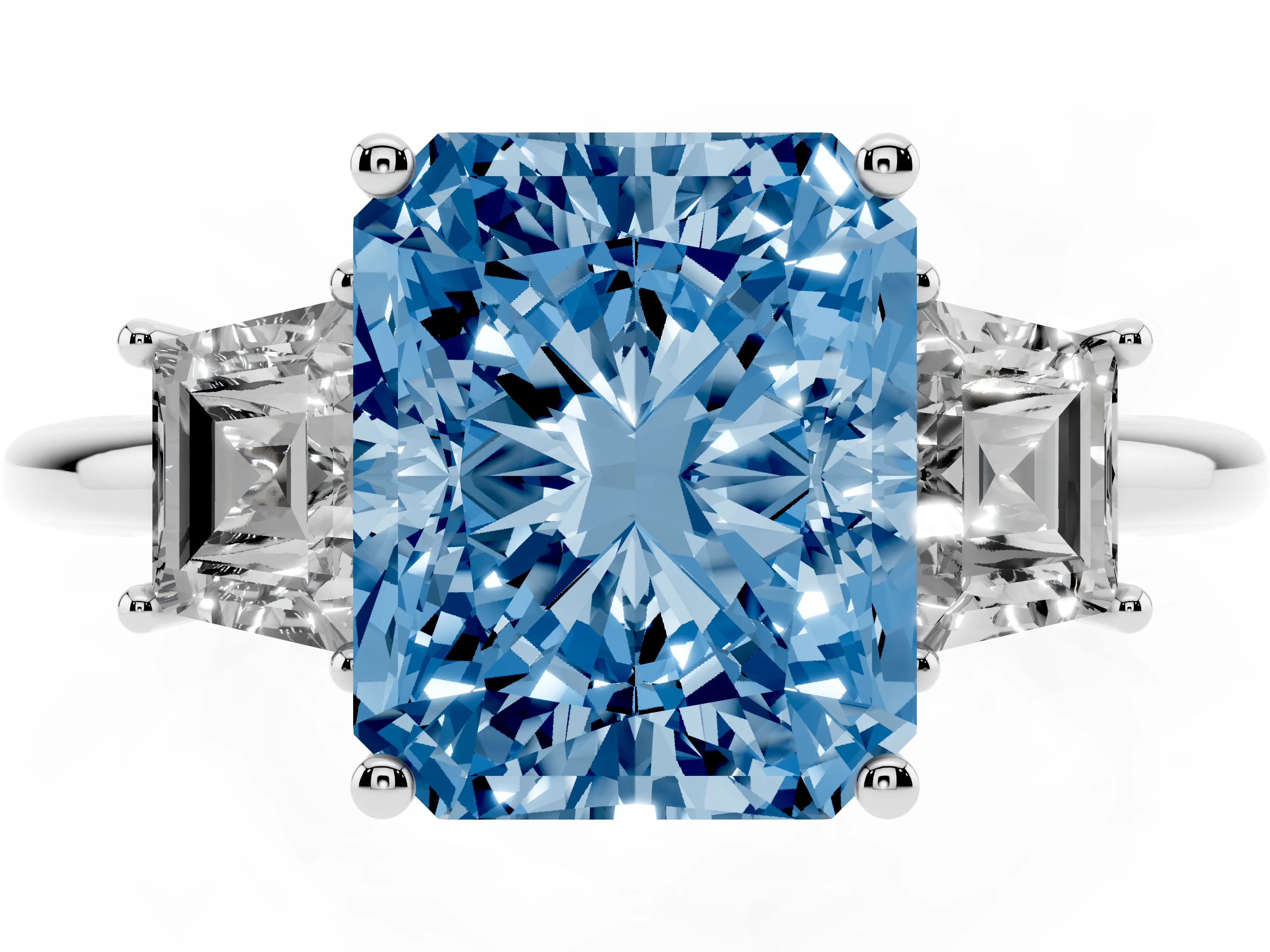 Fancy Blue Radiant Cut Diamond Three-Stone Ring Set in Silver with Trapezoid Side Stones and Prong Setting