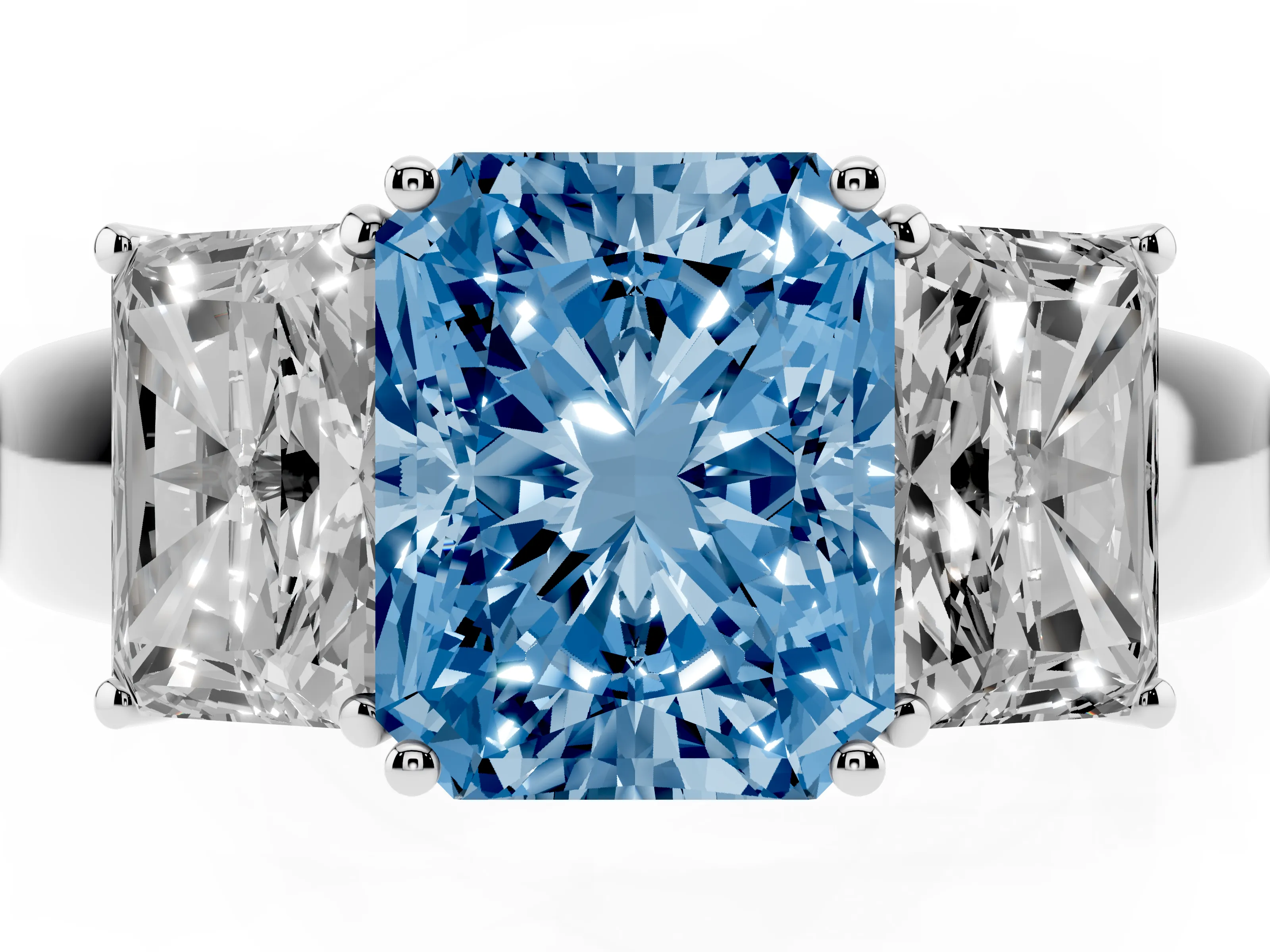 Fancy Blue Three-Stone Radiant Cut Diamond Ring Set in Silver with Matching Prong Settings and Plain Band