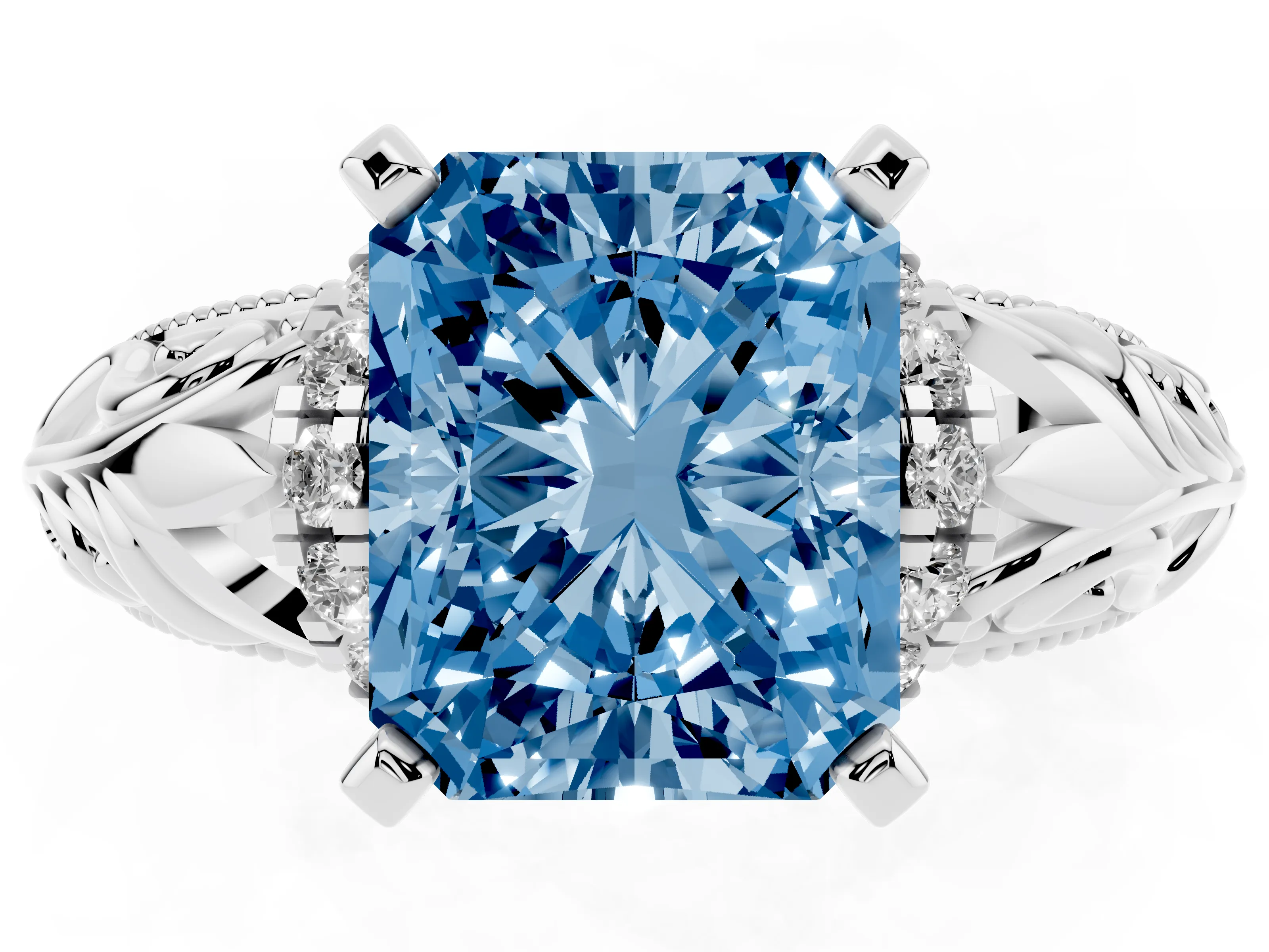 Fancy Blue Radiant Cut Diamond Filigree Halo Engagement Ring Set in Silver with Prong Setting