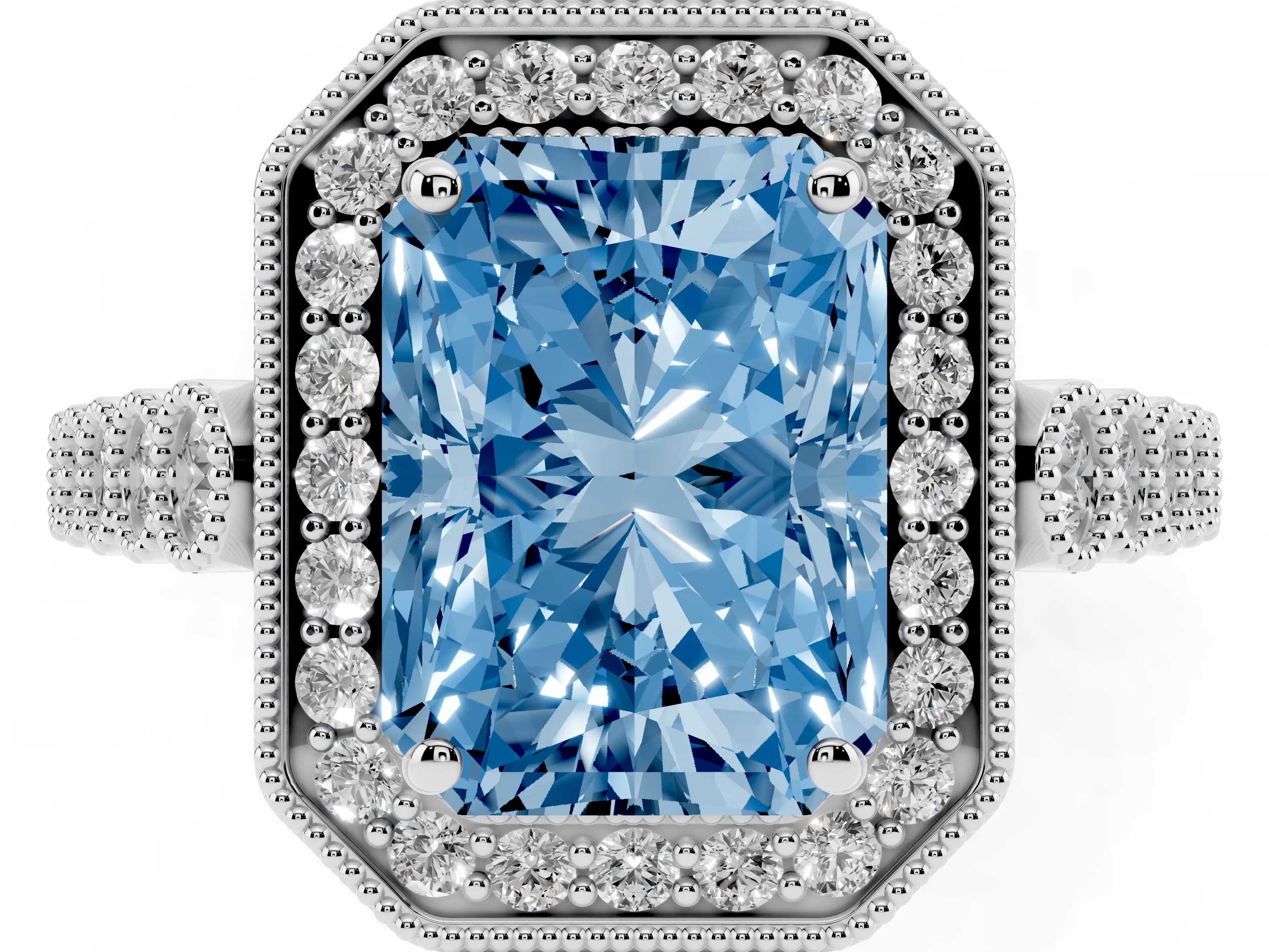 Fancy Blue Radiant Cut Diamond Milgrain Halo Solitaire Ring Set in Platinum with Bezel Set Side Stones and Pavé Band