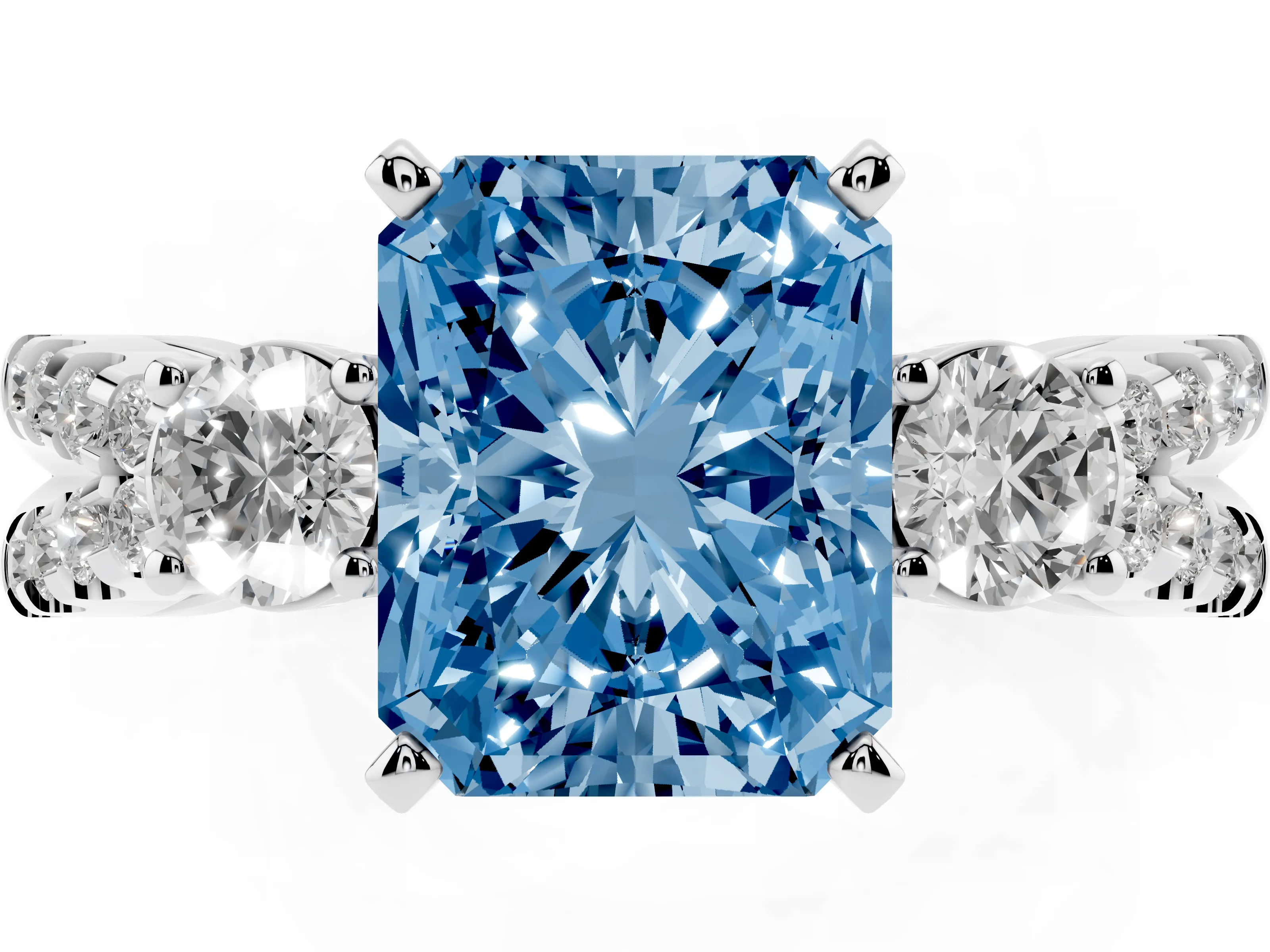 Fancy Blue Radiant Cut Diamond Three-Stone Ring Set in White gold with Pavé Split Shank and Prong Setting