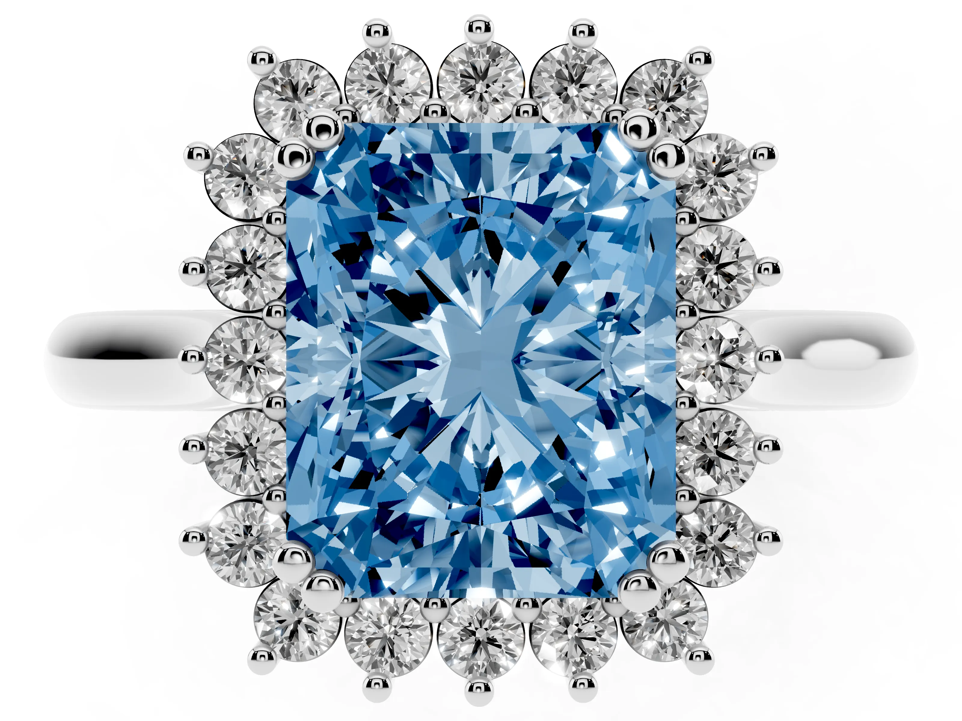 Fancy Blue Radiant Cut Diamond Halo Ring Set in White gold with Plain Solitaire Band and Prong Setting