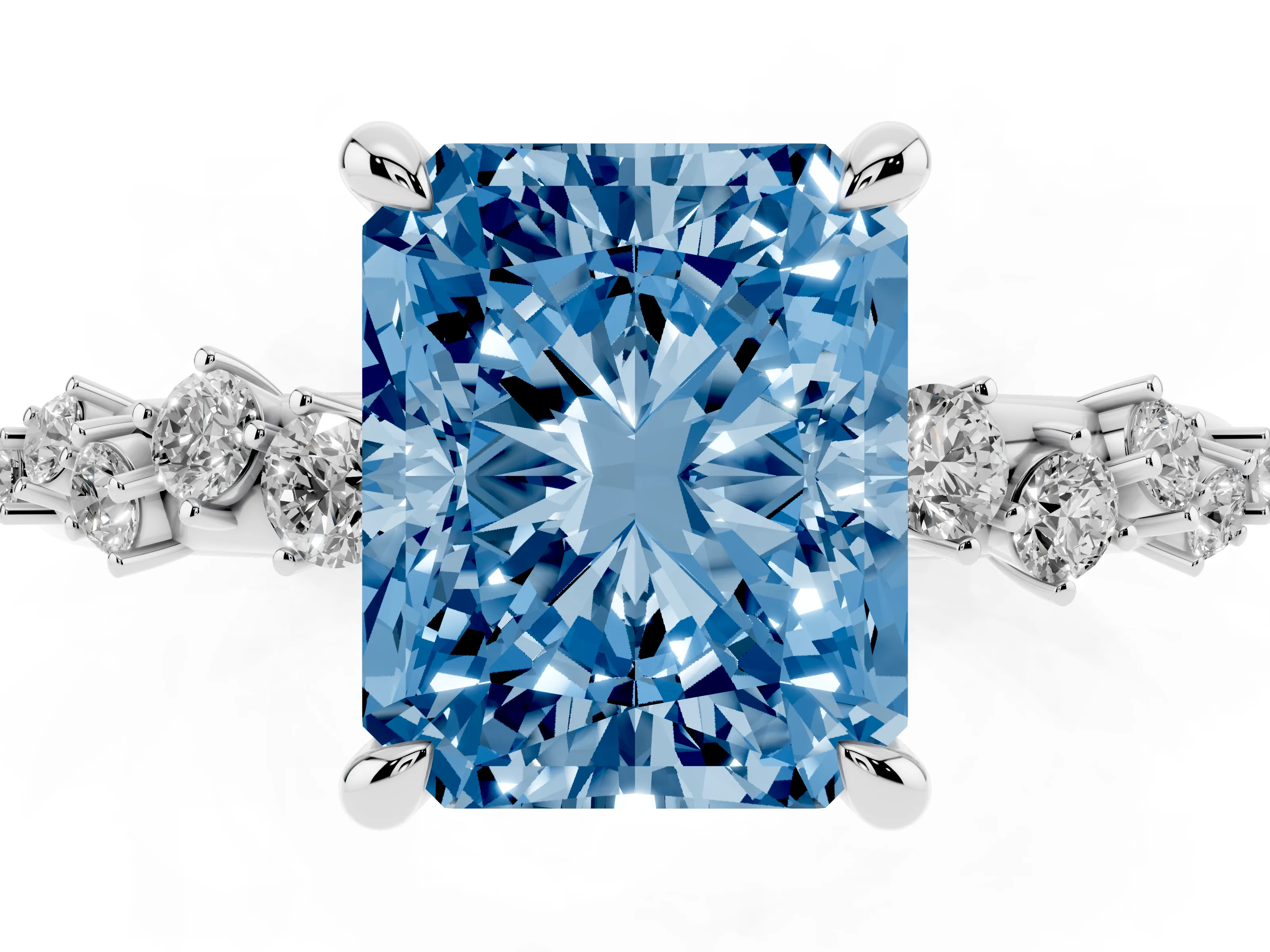 Fancy Blue Radiant Cut Diamond Solitaire Vine Band Ring Set in Silver with Round Accents and Prong Setting