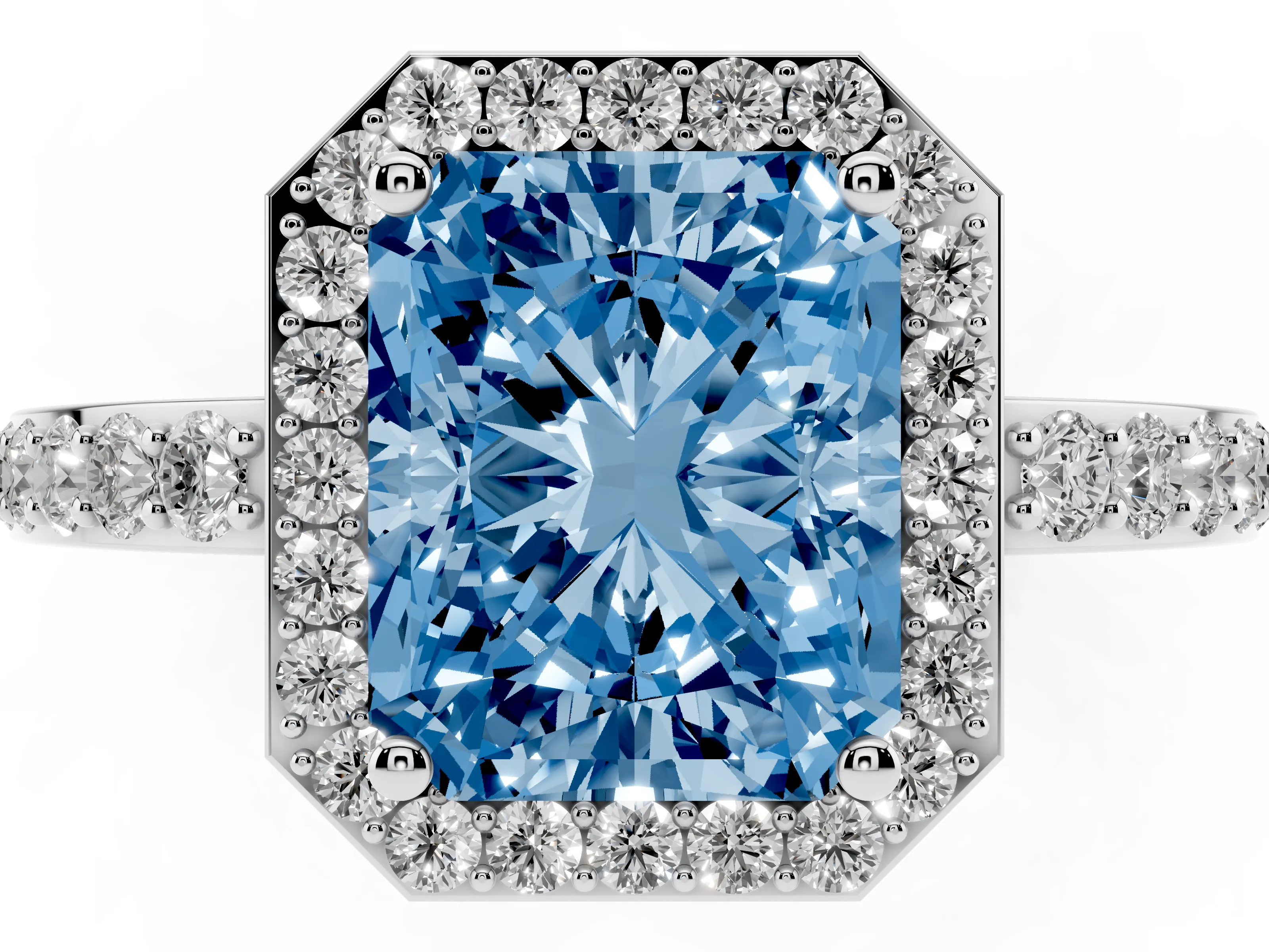 Fancy Blue Radiant Cut Diamond Halo Ring Set in White gold with Pavé-Setting Band and Open Prong Center