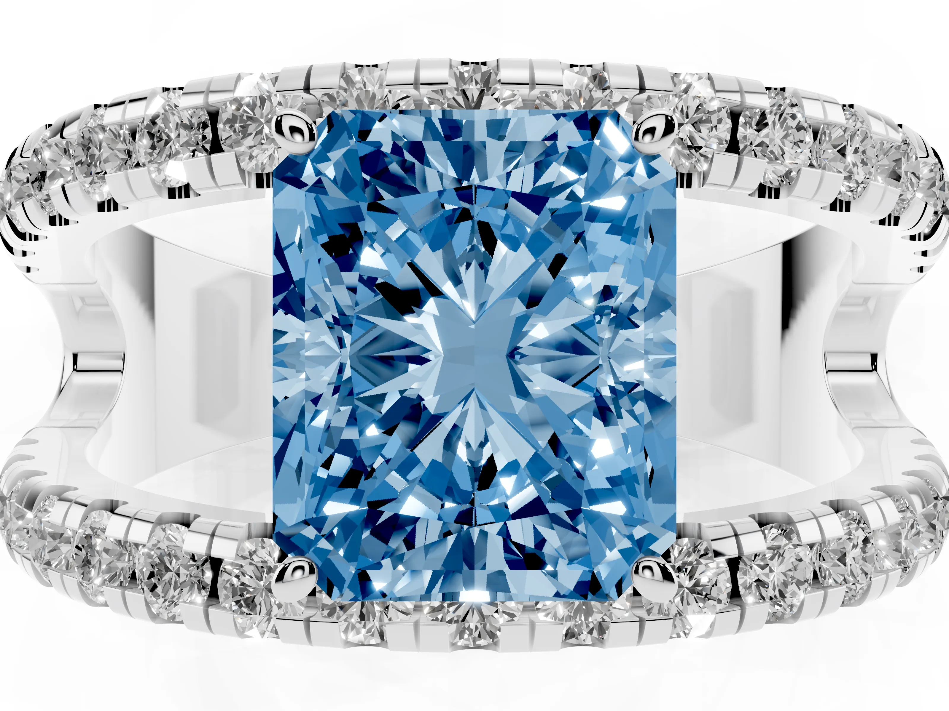 Fancy Blue Radiant Cut Diamond Split Shank Pavé Solitaire Ring Set in White gold with Open Shank Design