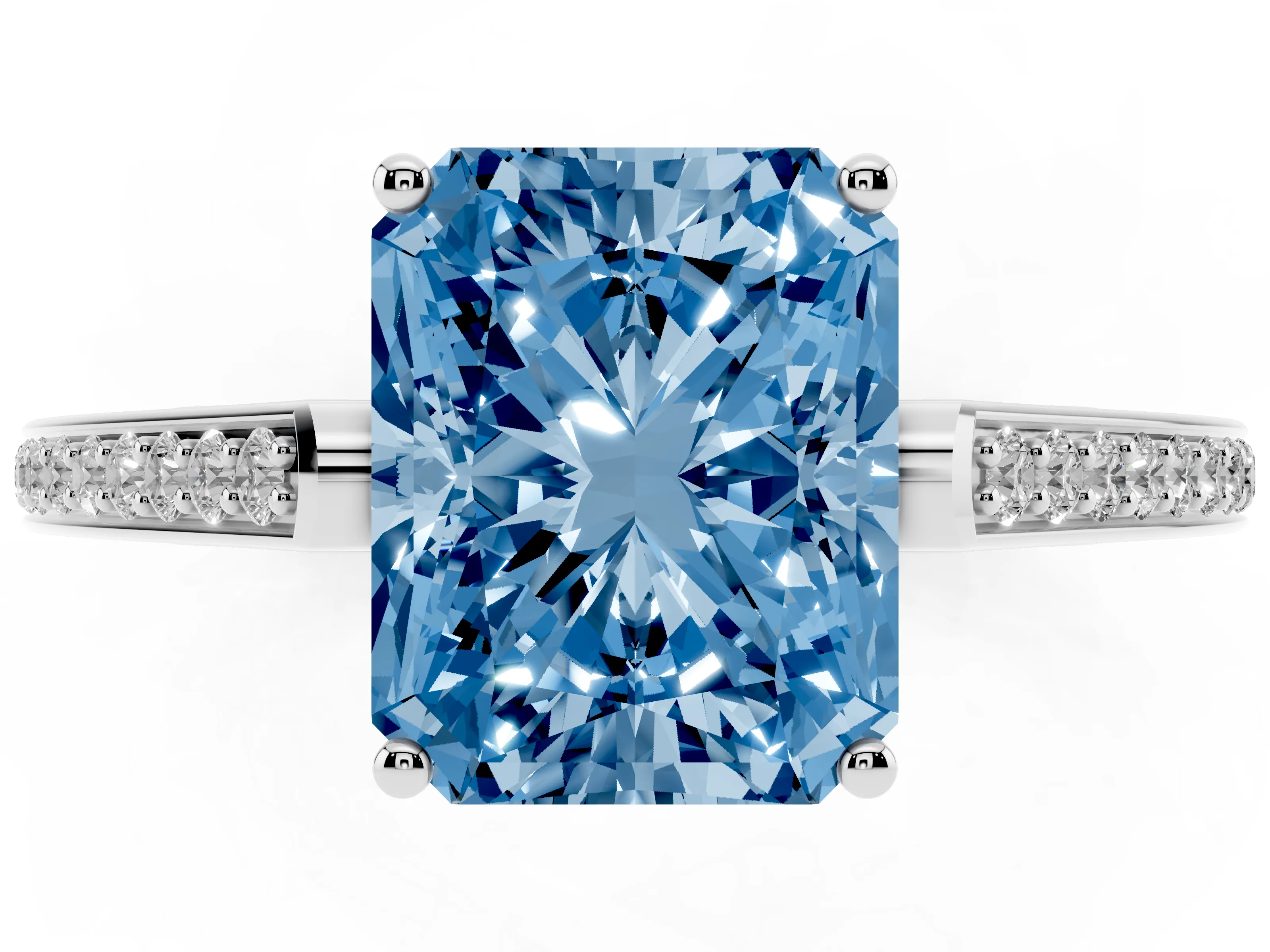 Fancy Blue Radiant Cut Diamond Cathedral Pavé Engagement Ring Set in Platinum with Prong Setting