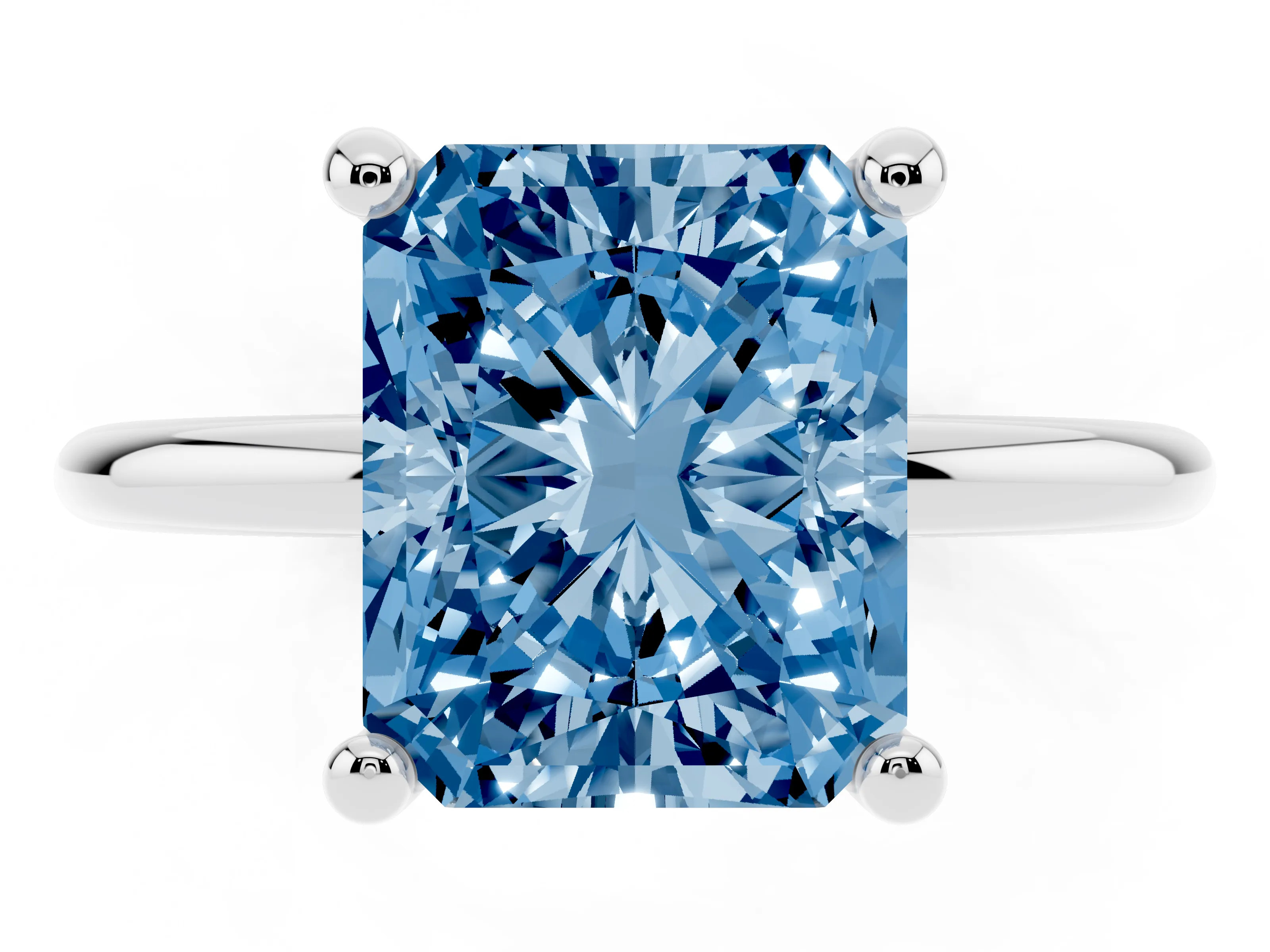 Fancy Blue Radiant Cut Diamond Solitaire Ring Set in White gold with Secure Prong Setting on a Classic Band