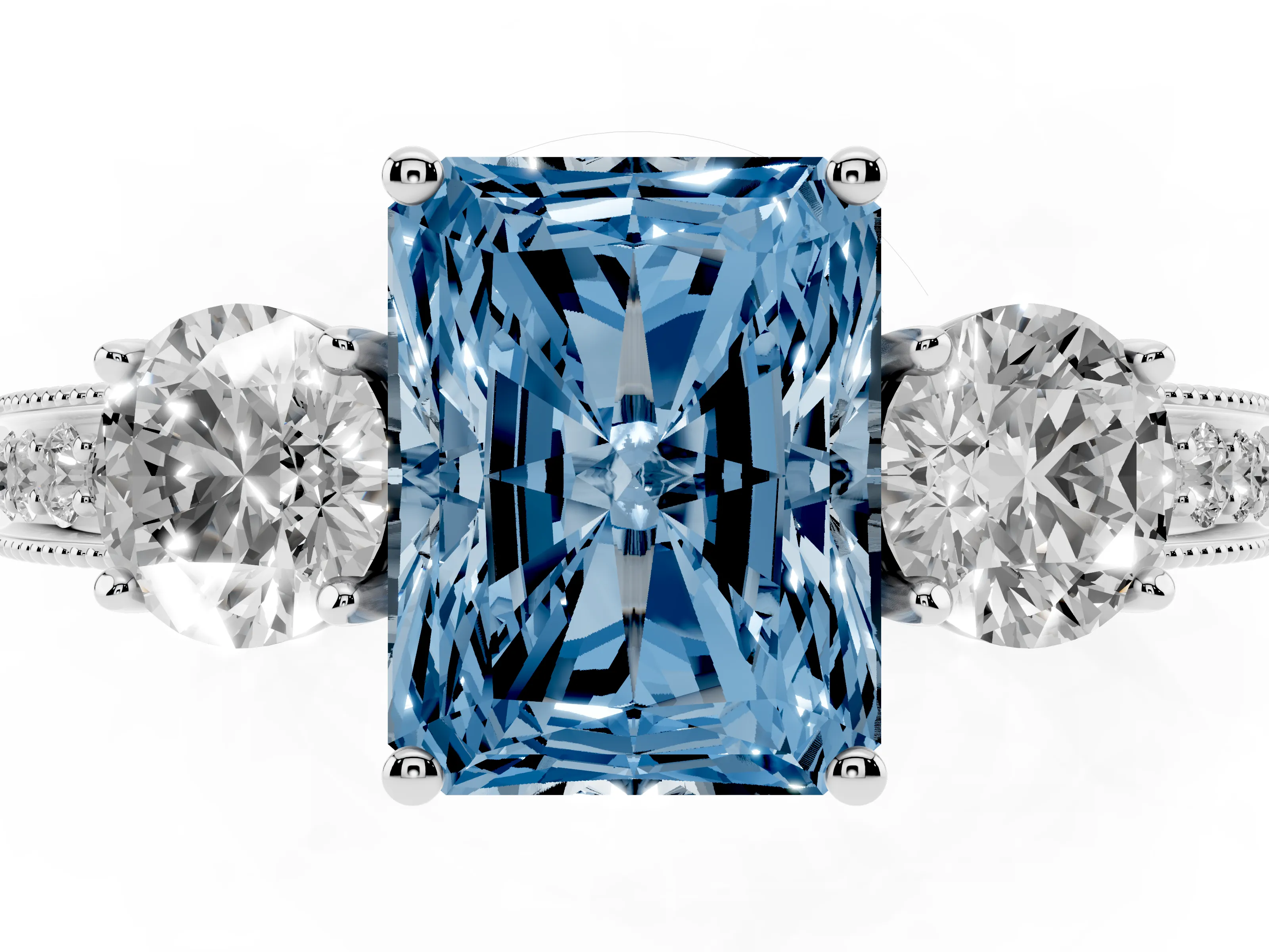 Fancy Blue Radiant Cut Diamond Three-Stone Ring Set in Platinum with Round Side Stones and Pavé Band