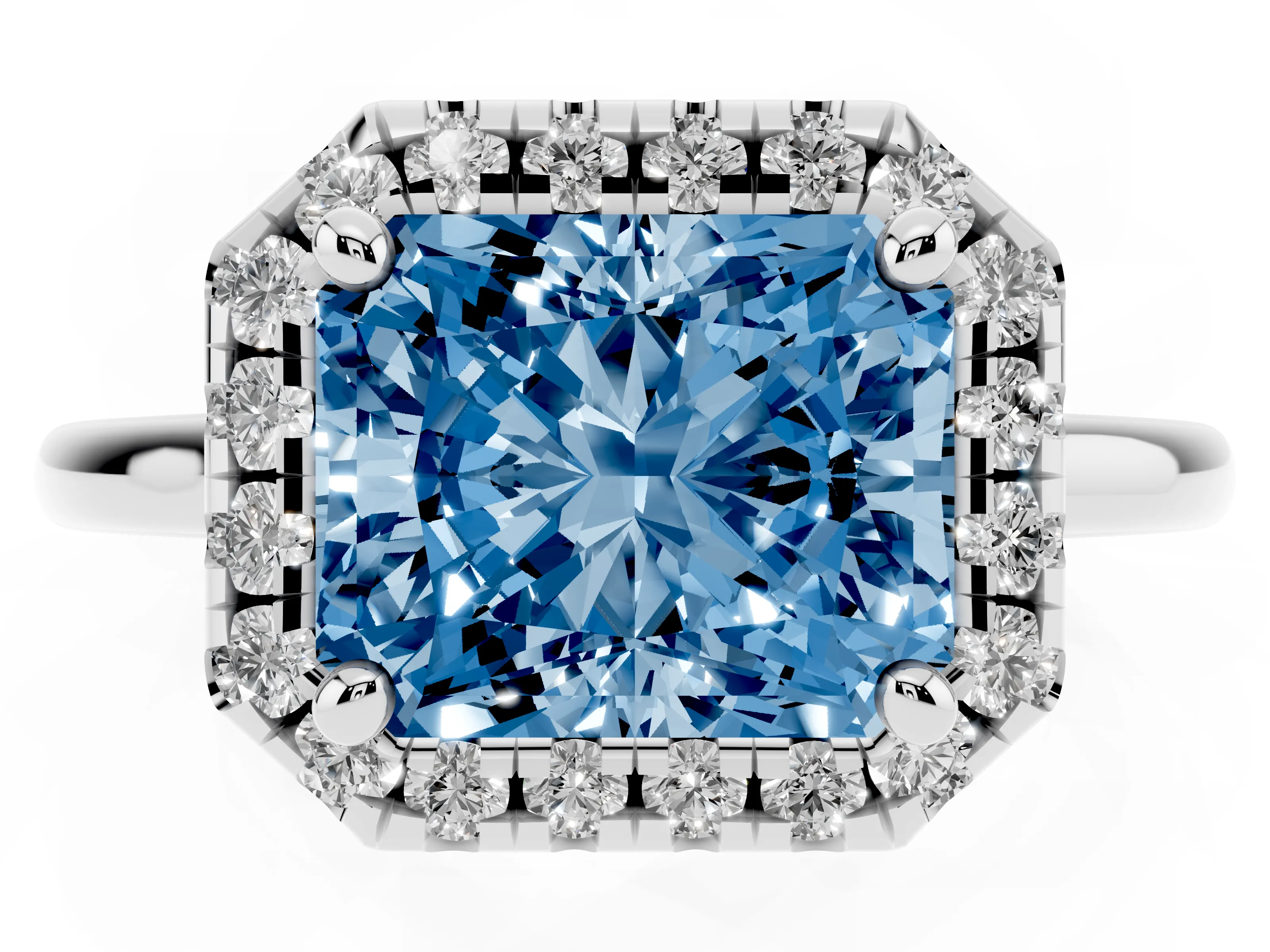 Fancy Blue Radiant Cut Diamond Halo Engagement Ring Set in Silver with Pavé Band and Rising Shoulders