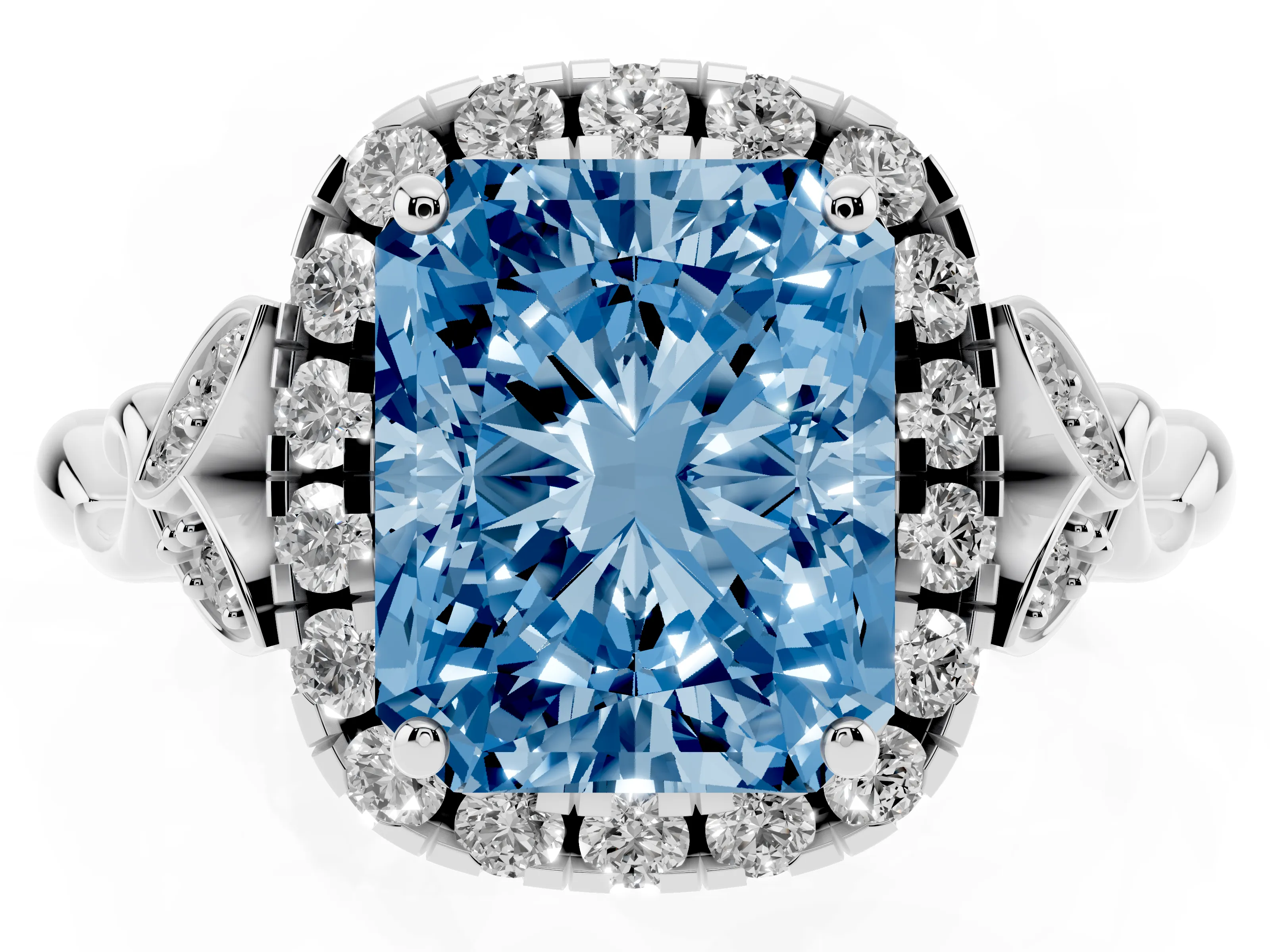 Fancy Blue Radiant Cut Diamond Halo Engagement Ring Set in Platinum with Vintage-Inspired Band and Prong Setting