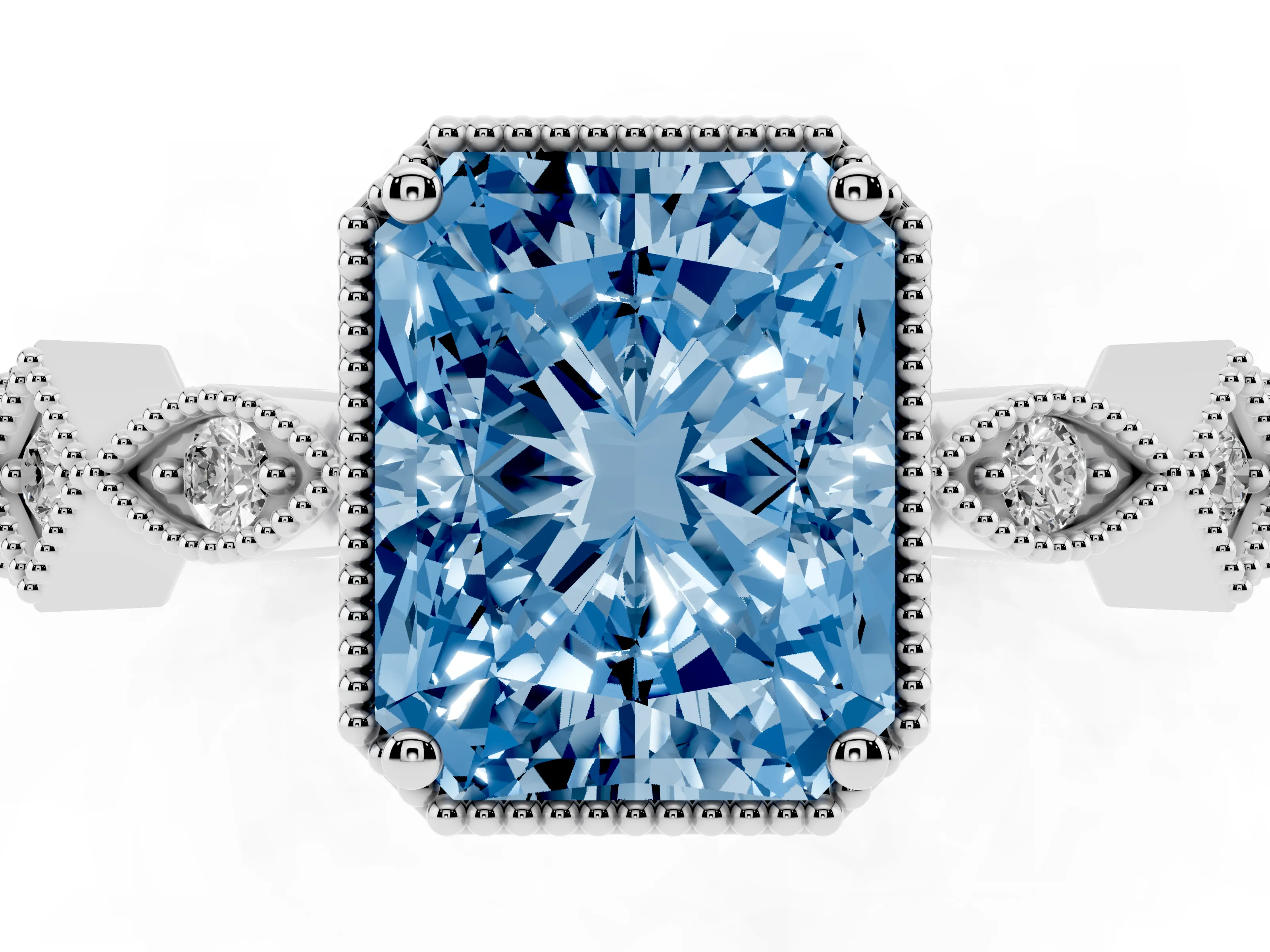 Fancy Blue Radiant Cut Diamond Milgrain Marquise Twist Band Ring Set in Platinum with Prong Setting