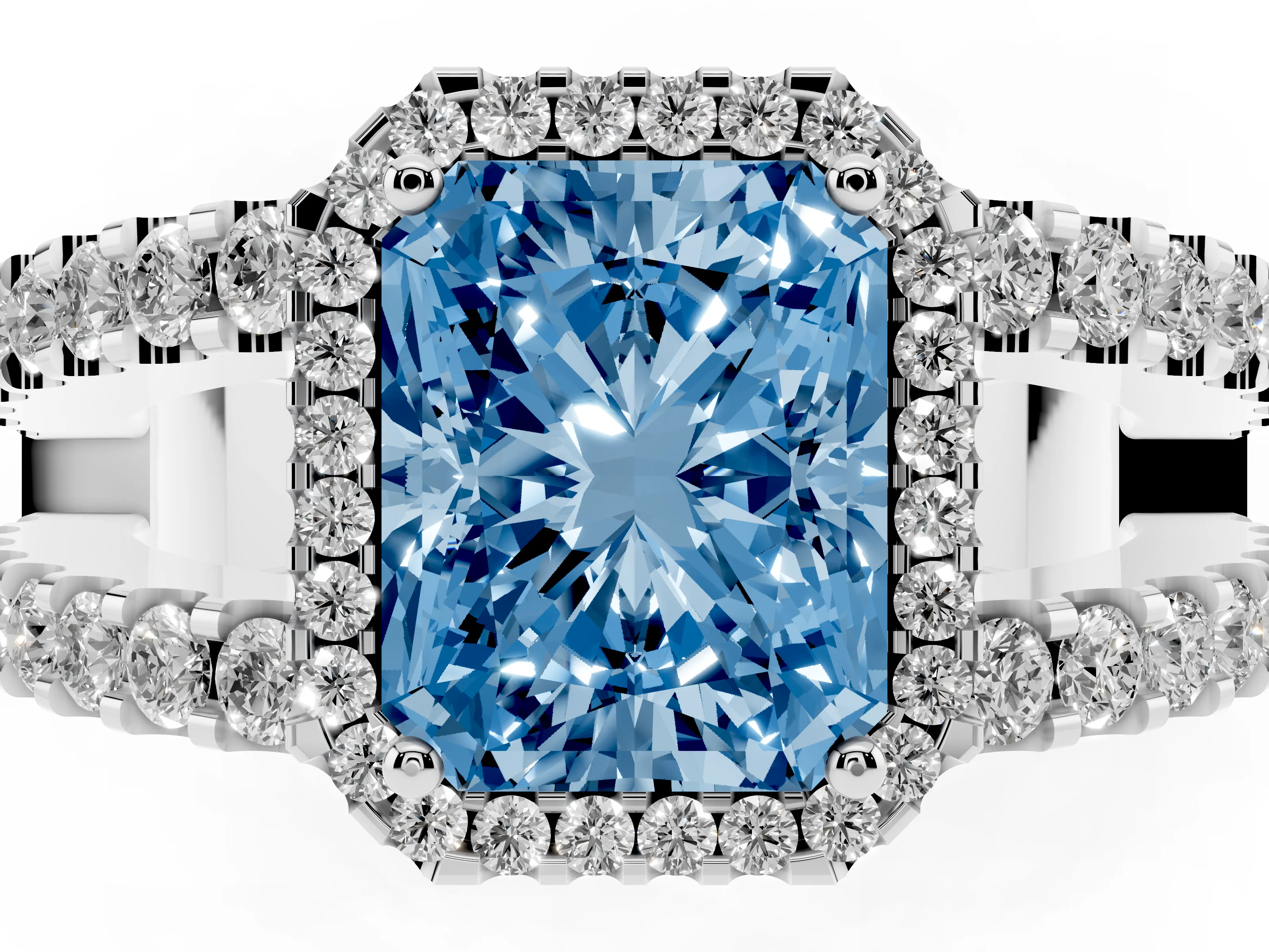 Fancy Blue Radiant Cut Diamond Halo Ring Set in Silver with Pavé Split Shank and Prong Setting