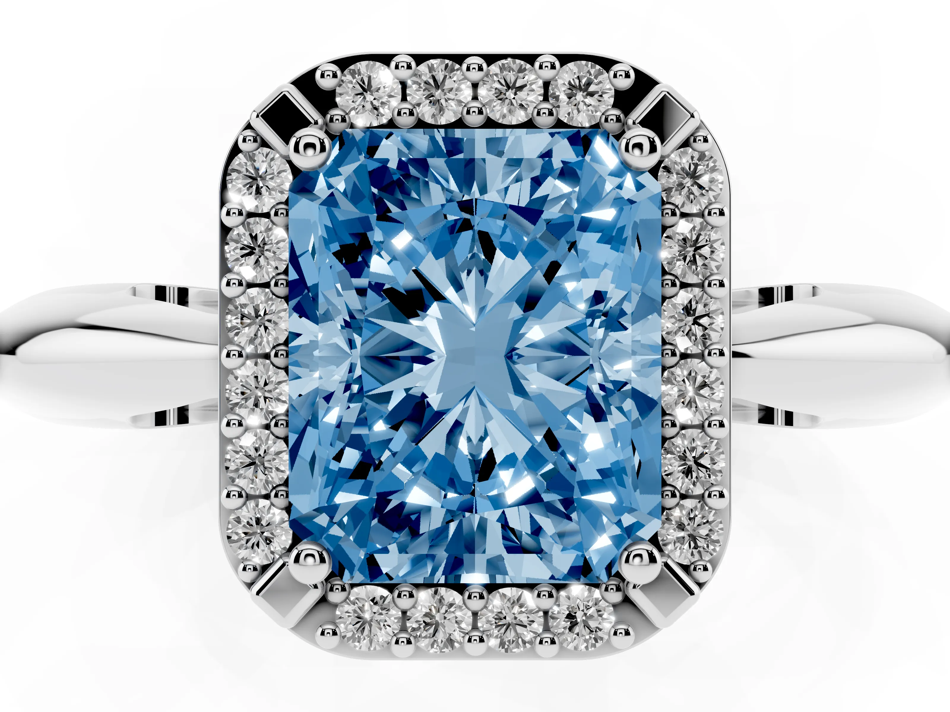 Fancy Blue Radiant Cut Diamond Halo Engagement Ring Set in Platinum with Plain Split Shank and Prong Setting