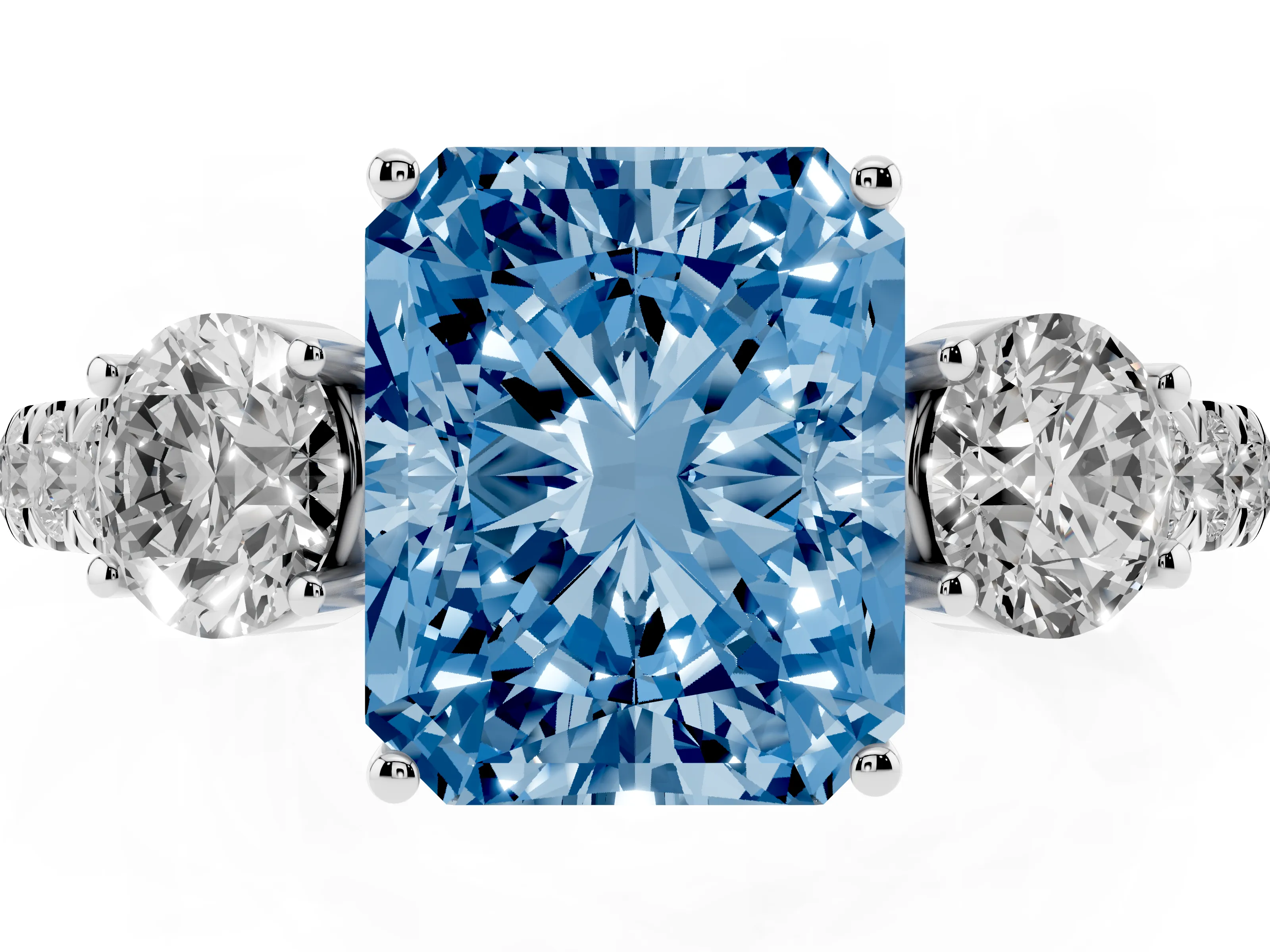 Fancy Blue Radiant Cut Diamond Three-Stone Ring Set in Silver with Round Side Stones and Delicate Pavé Band