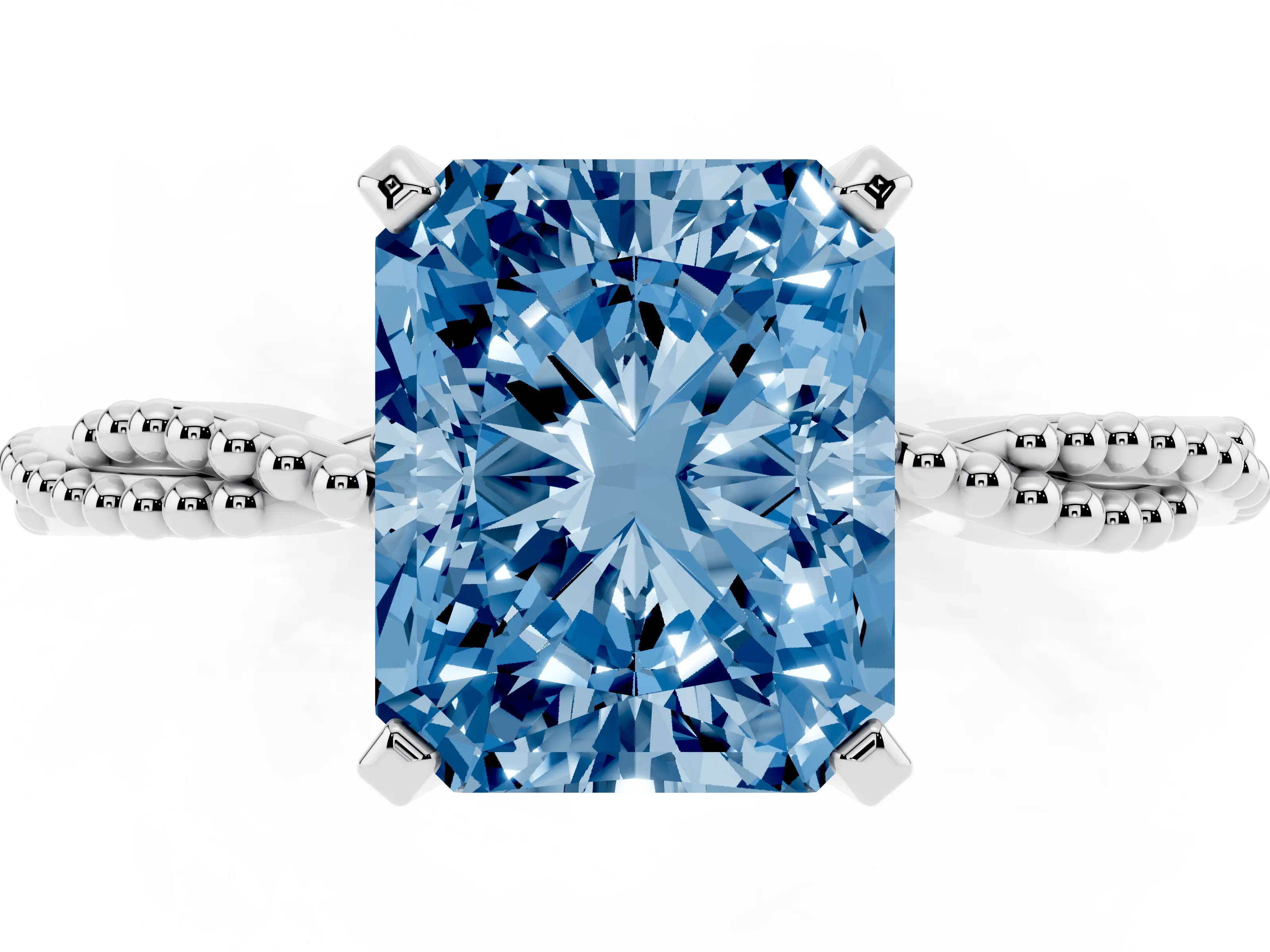 Fancy Blue Radiant Cut Diamond Solitaire Ring Set in Silver with Twisted Band and Bead Prong Setting