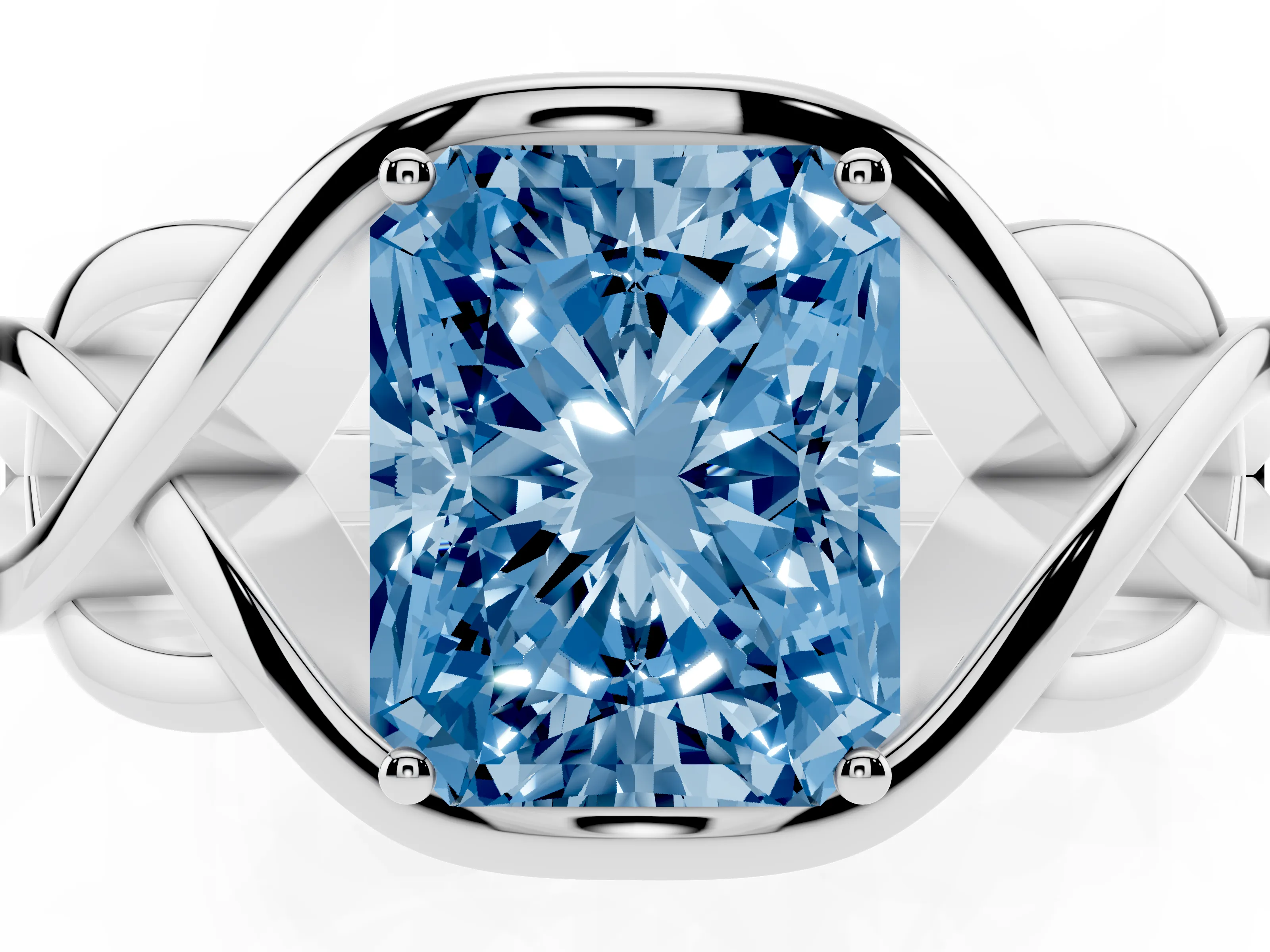 Fancy Blue Radiant Cut Diamond Solitaire Ring Set in Platinum with Intertwined Band