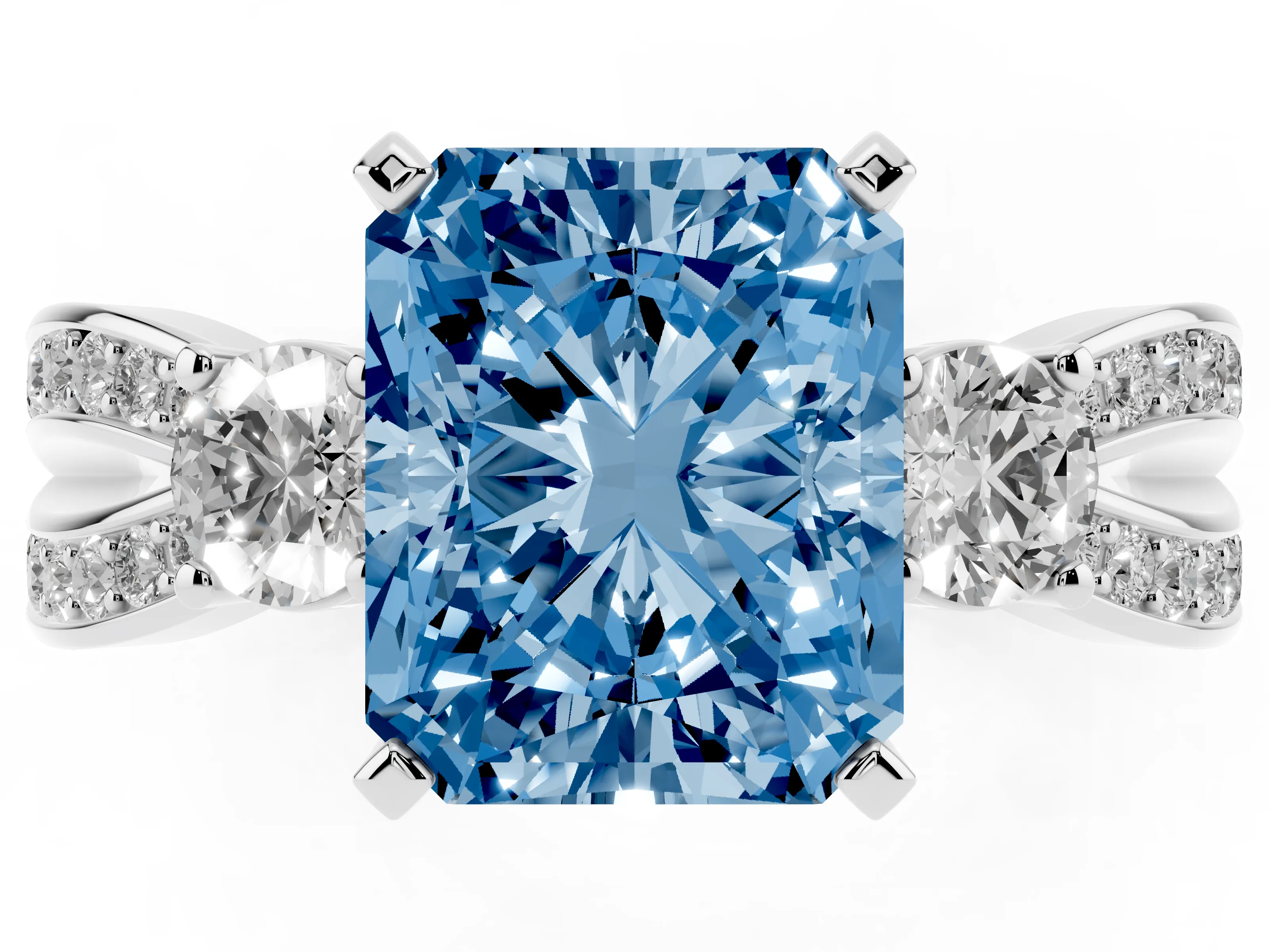 Fancy Blue Three-Stone Radiant Cut Diamond Twist Band Ring Set in Platinum with Pavé Accents and Prong Setting