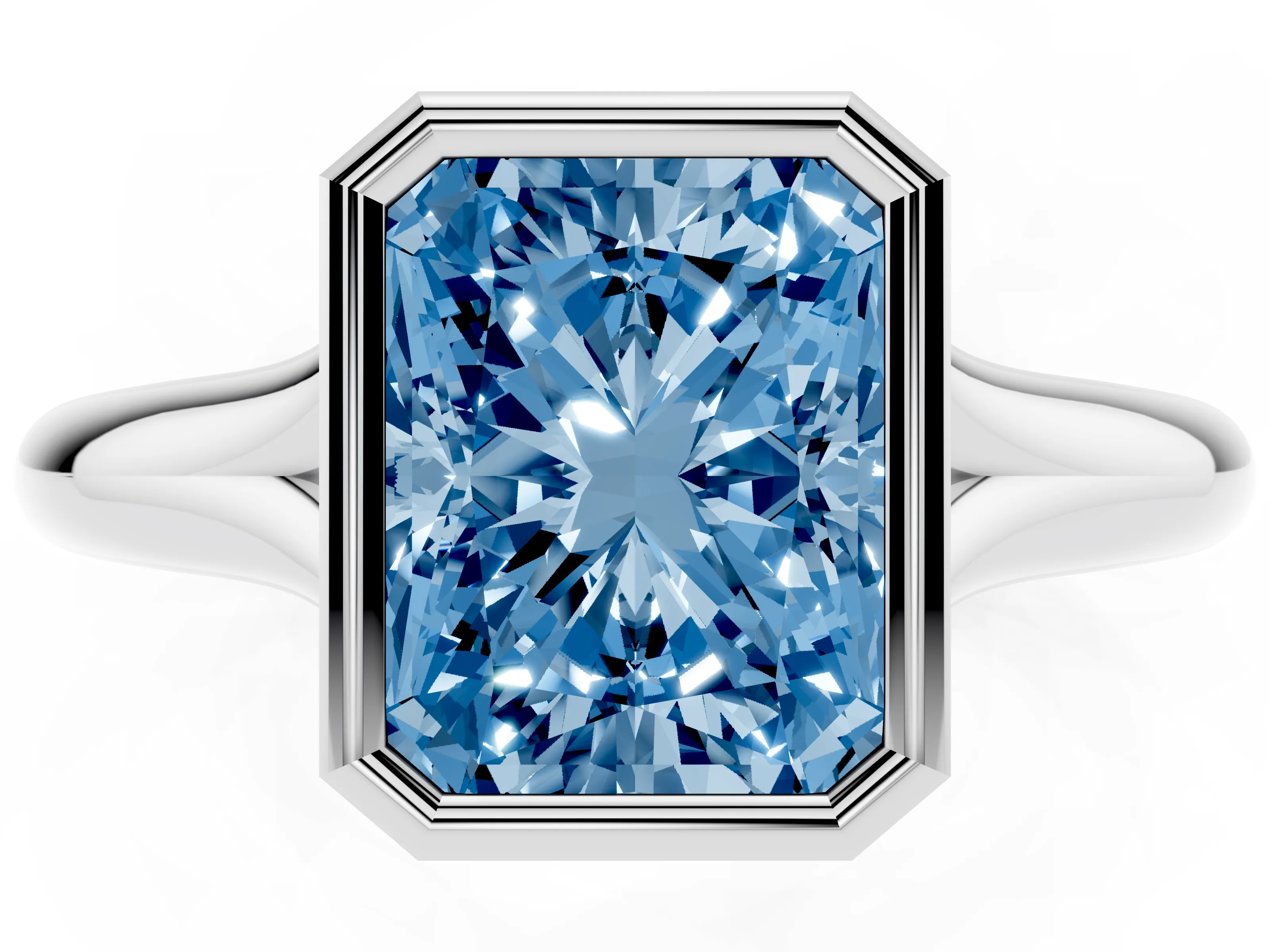 Fancy Blue Bezel Set Radiant Cut Diamond Solitaire Ring Set in Silver with Smooth Band