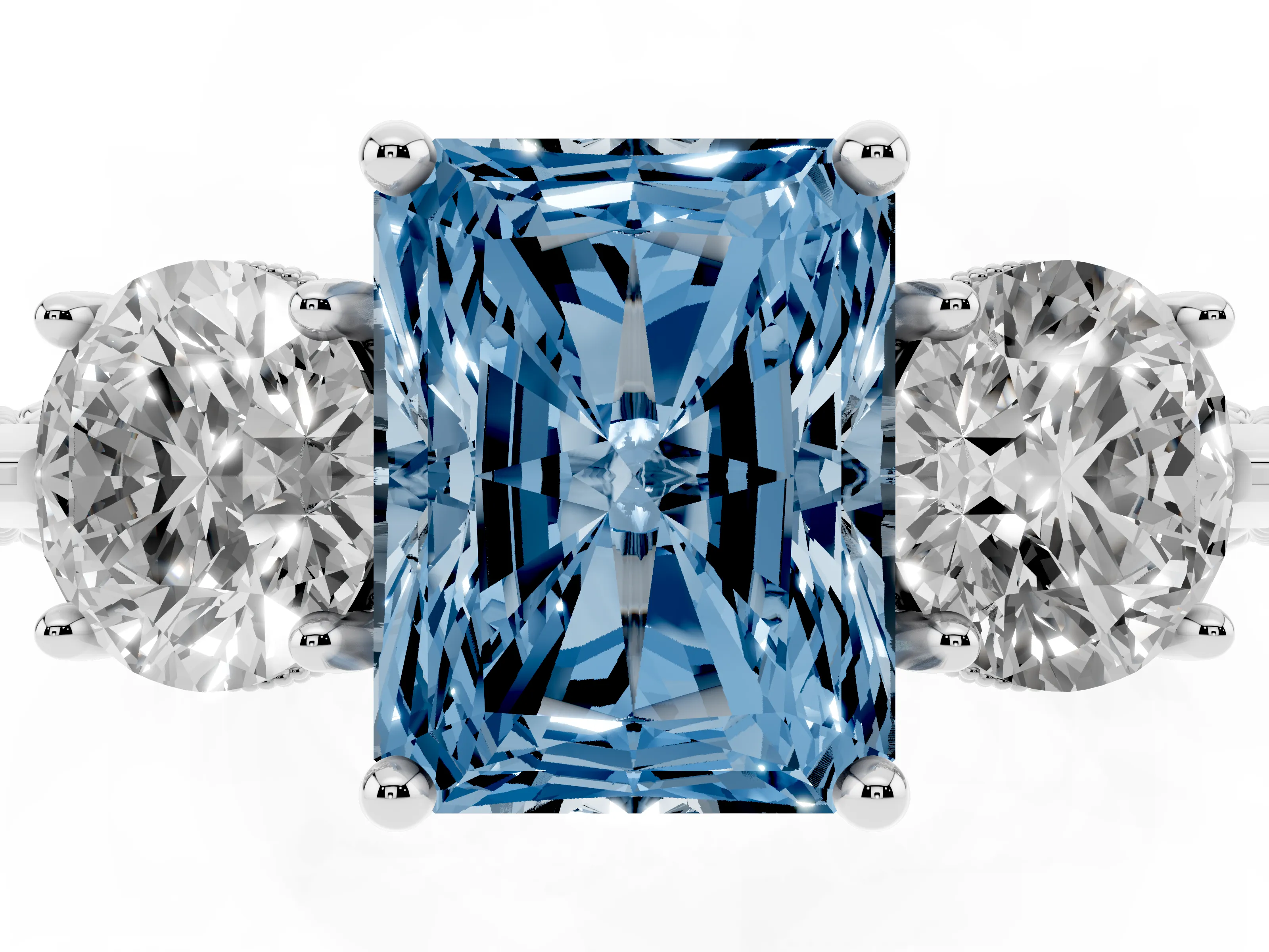 Fancy Blue Radiant Cut Diamond Three-Stone Ring Set in White gold with Milgrain Band