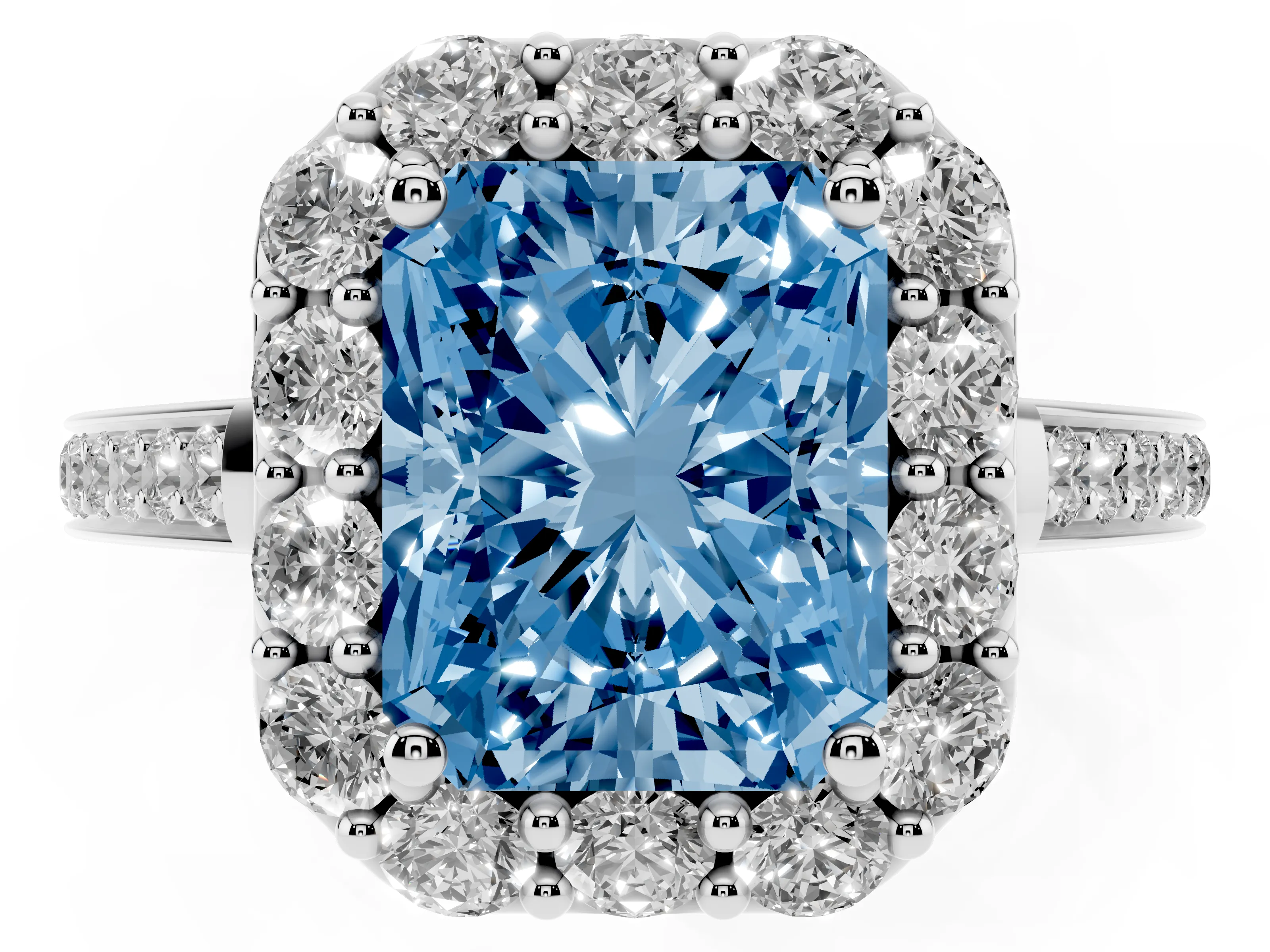 Fancy Blue Radiant Cut Diamond Floral Halo Ring Set in Platinum with Pavé Band and Prong Setting