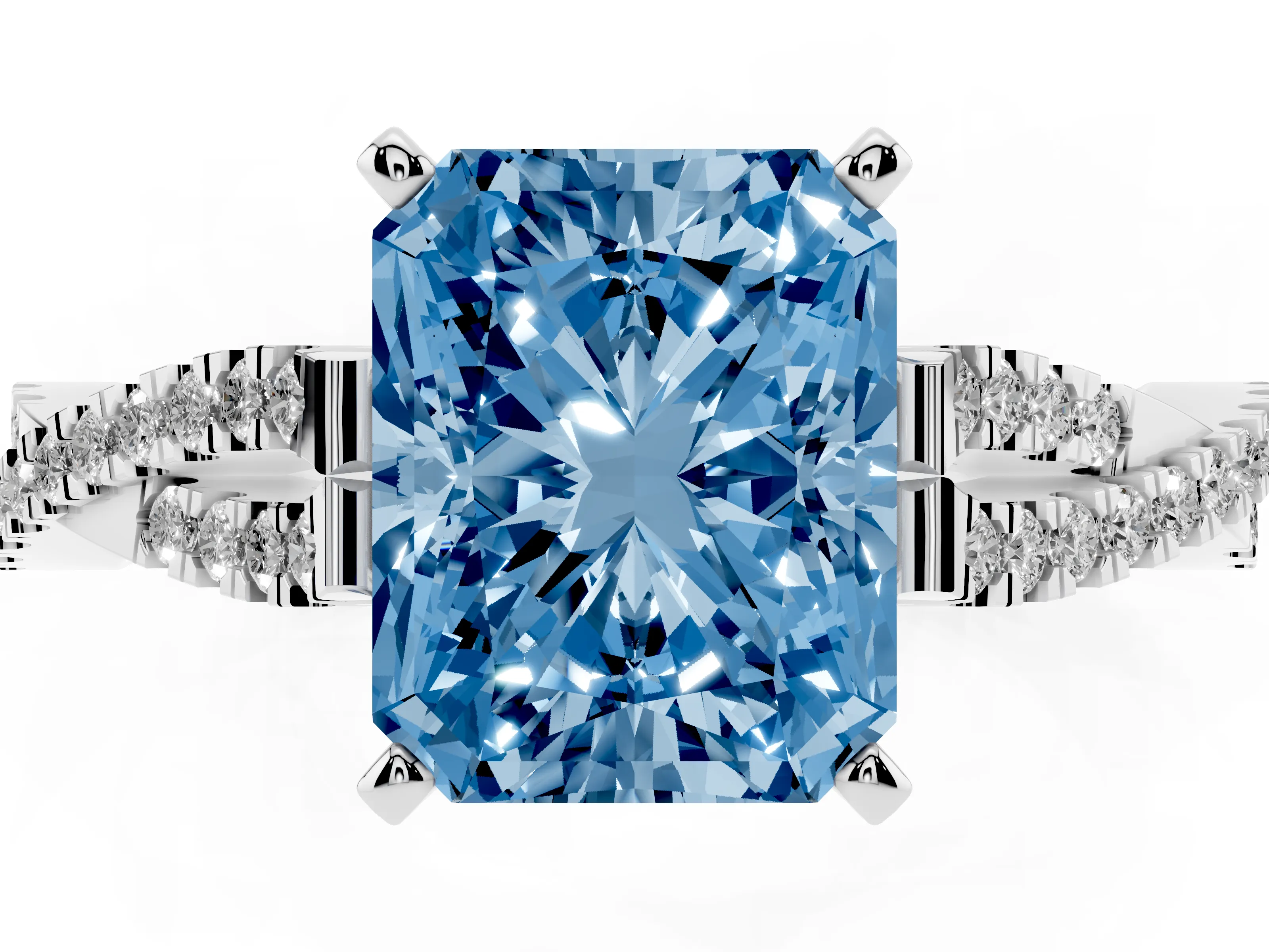 Fancy Blue Radiant Cut Diamond Solitaire Engagement Ring Set in Platinum with Twisted Pavé Band and Prong Setting