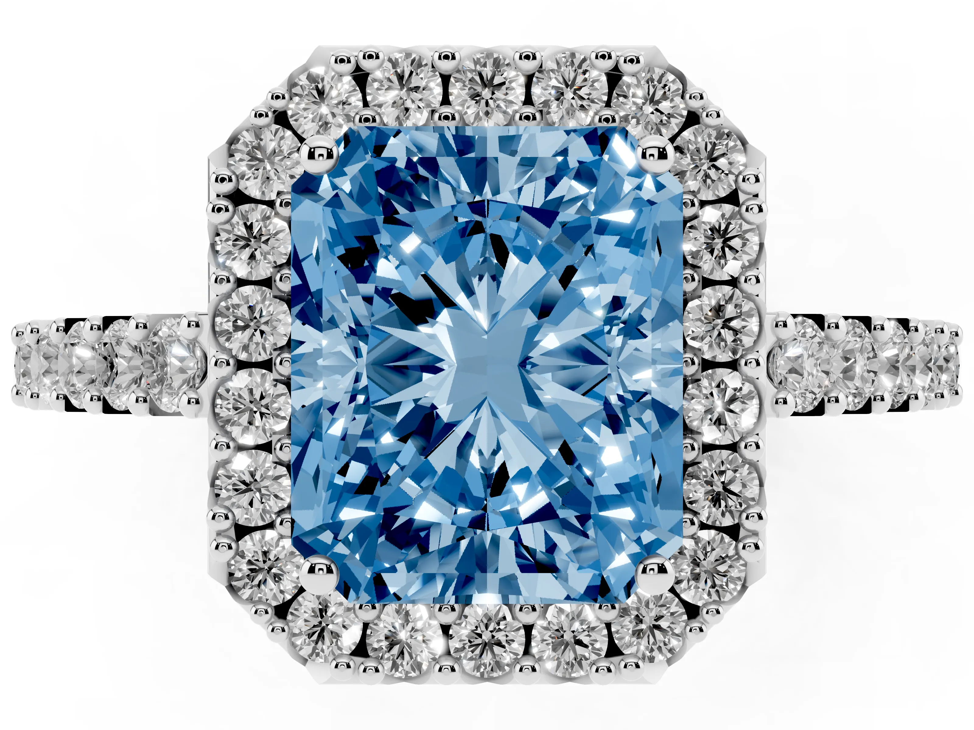 Fancy Blue Radiant Cut Diamond Halo Pavé Solitaire Ring Set in Platinum with Prong-Set Center Stone